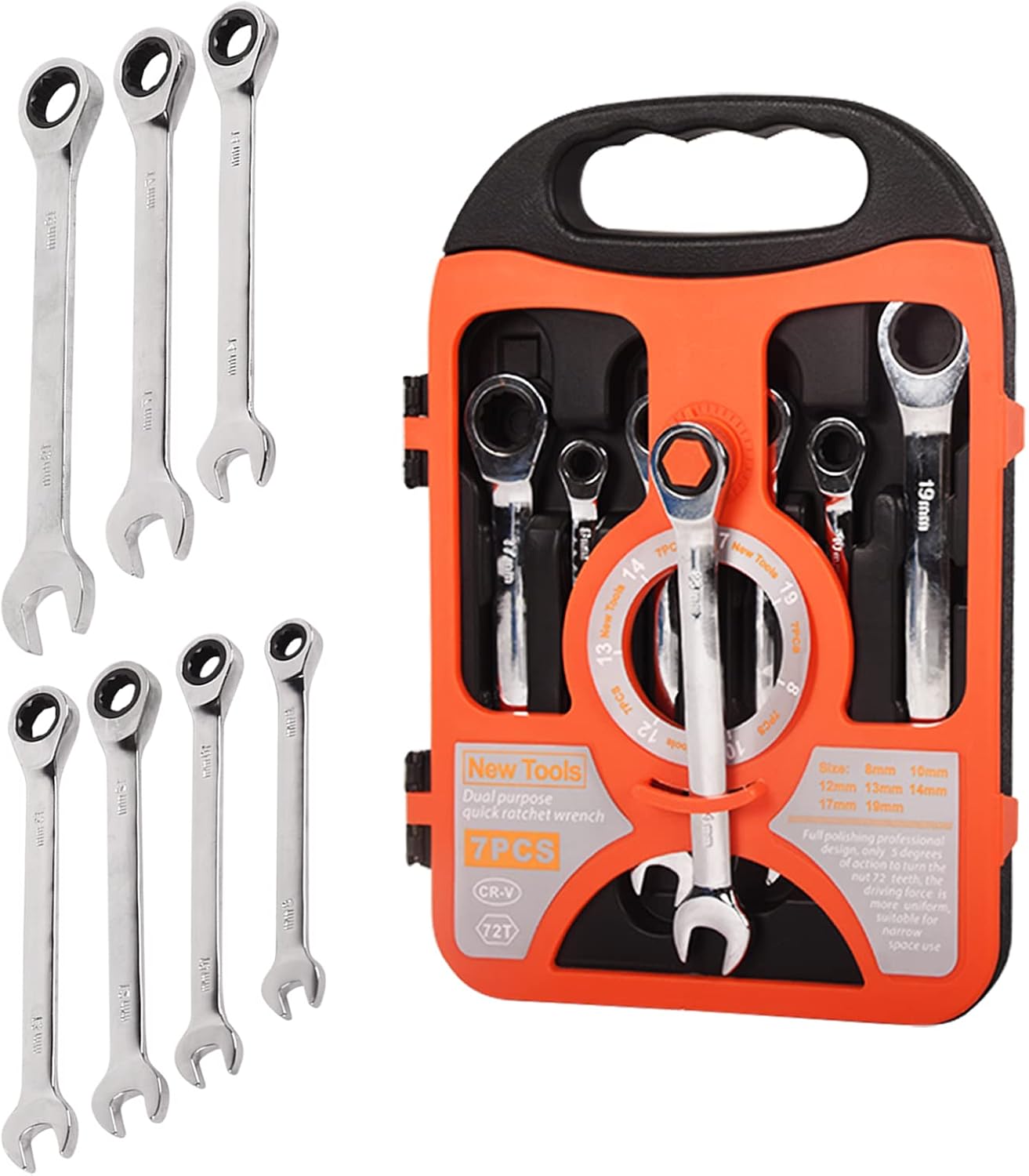 Ratchet Combination Wrench Kit, 7 Piece Set, 8mm-19mm, Chrome Vanadium Steel, Full Polished 72 Tooth Box and Open End Standard Garage Tool Set for Mechanics, Wrench Set with Storage Box