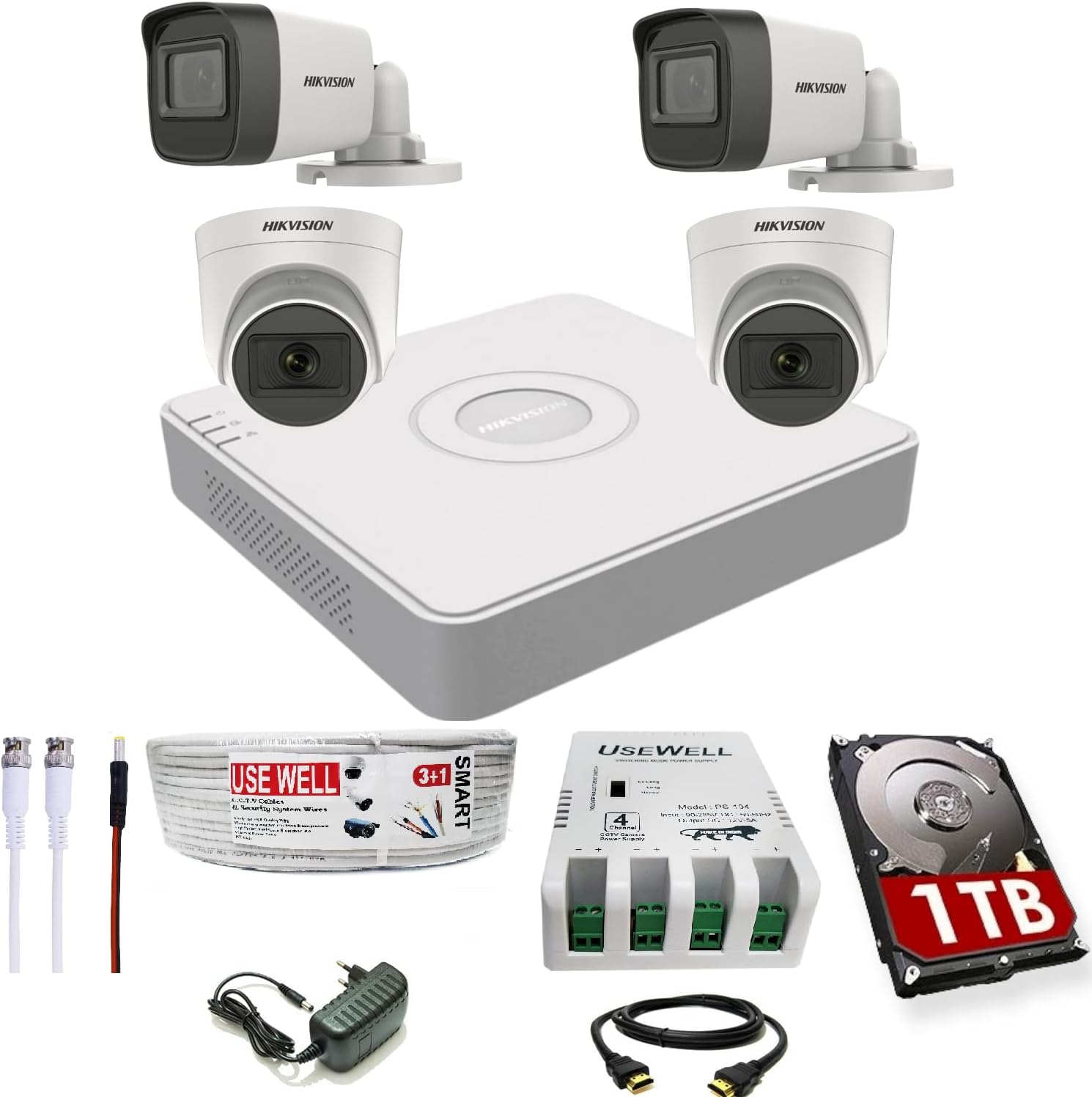 HIKVISION 4 Channel DVR with 5 MP 2 Dome & 2 Bullet Cameras with Audio Recording + 1 TB HDD + (3+1) Cable roll + 4 CH Power Supply + BNC & DC Full Combo Kit