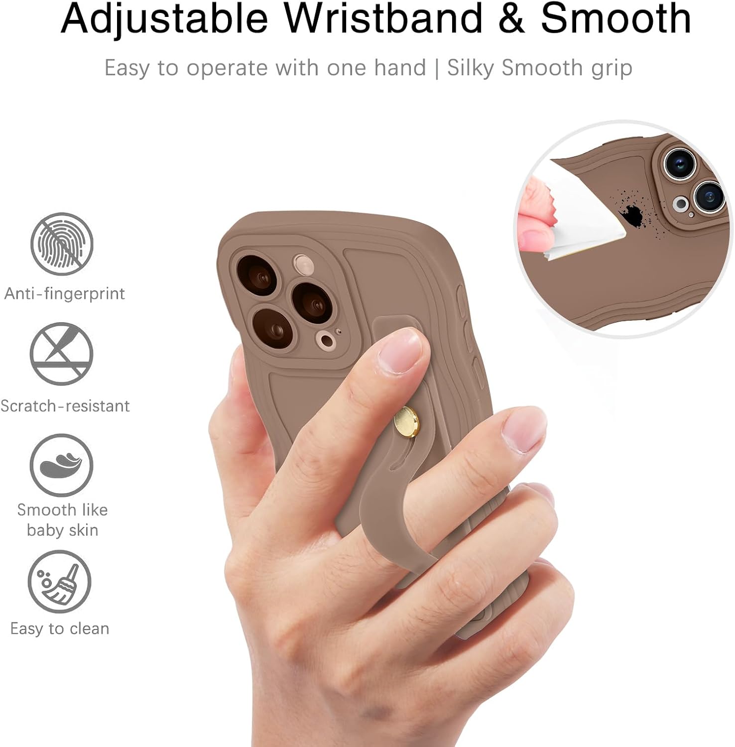 GUAGUA for iPhone 16 Pro Case with Wrist Strap, iPhone 16 Pro Wavy Phone Case, Cute Curly Wave Shape with Adjustable Wristband Kickstand Shockproof Anti Slip Cases for iPhone 16 Pro 6.3'', Brown - Image 8