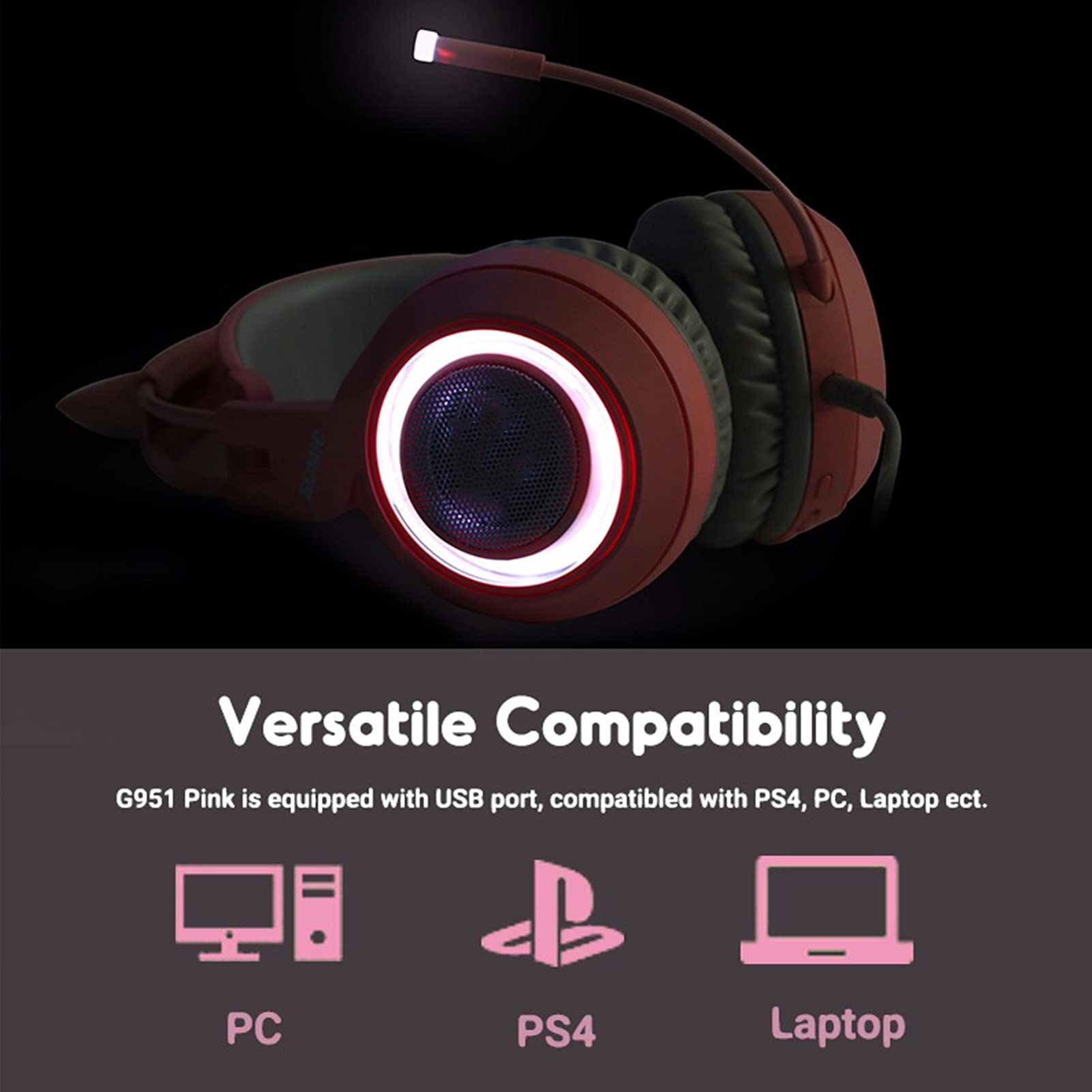 Wakects Słuchawki Gamingowe USB z Mikrofonem, 7.1 Kanał Różowe LED (PINK)