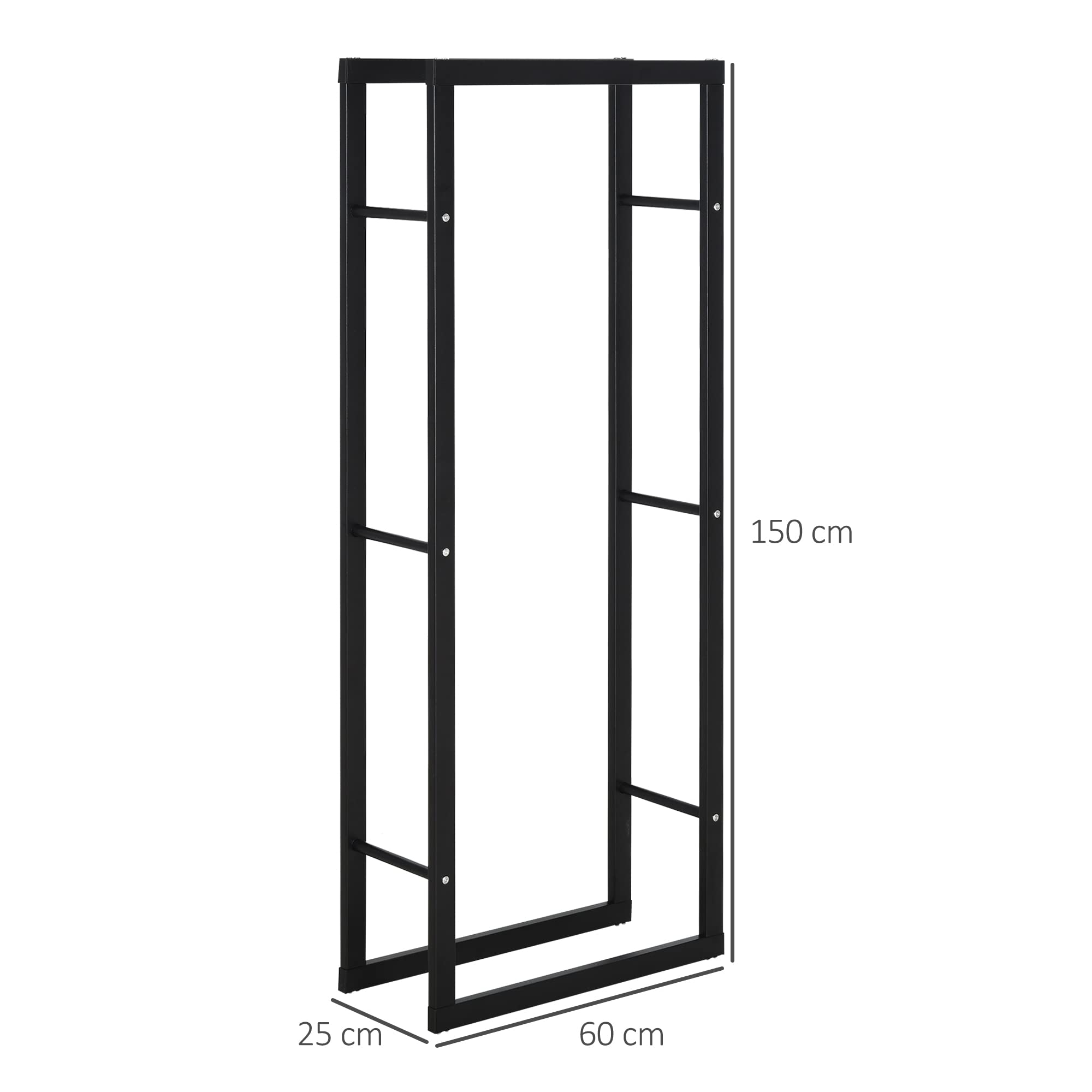 HOMCOM Porta Legna da Interno Verticale con Portata 100 kg max, Legnaia da Esterno e Interno in Metallo, 60x25x150 cm, Nero