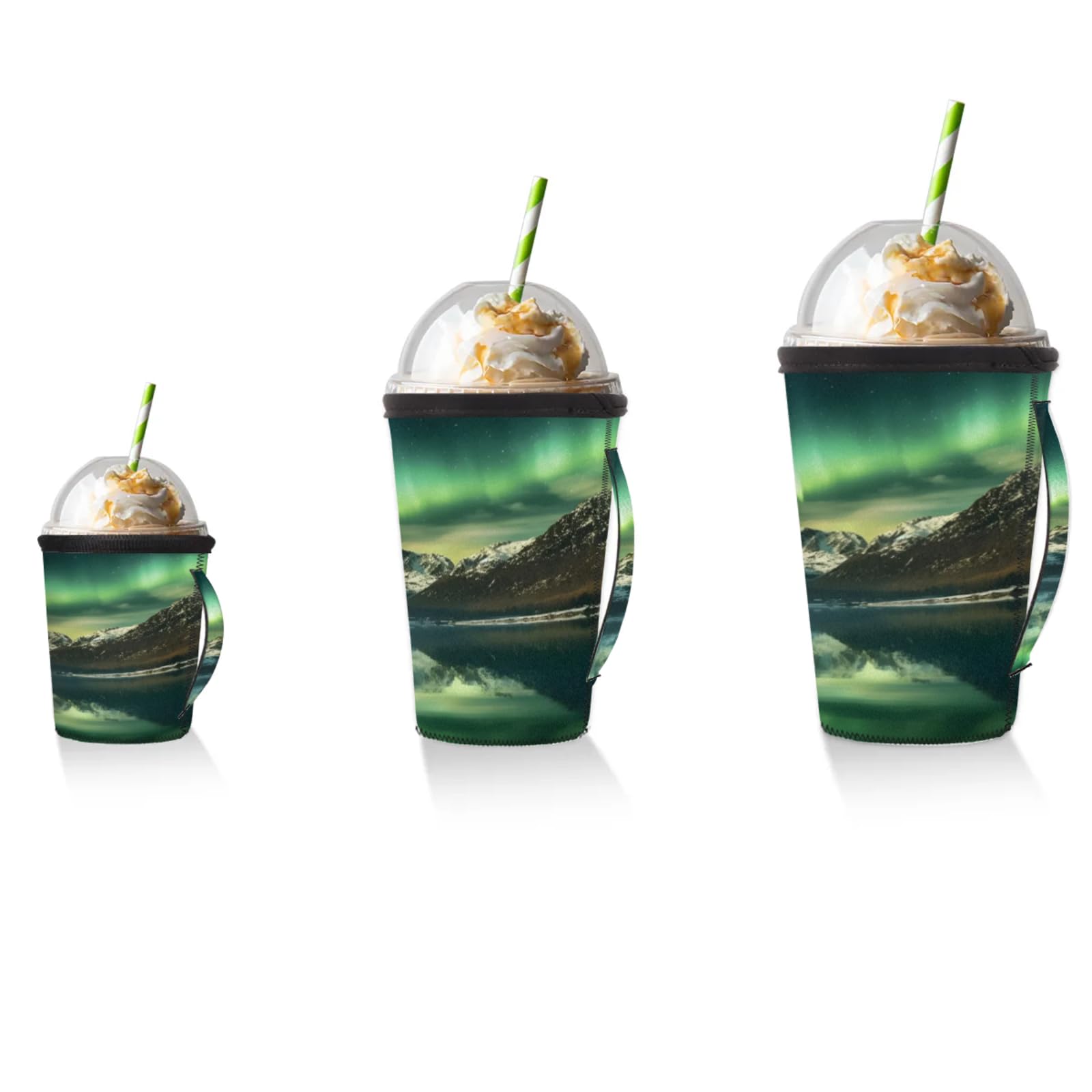 Aurora Landscape Reusable Neoprene Coffee Sleeve with Handle Insulated Iced Coffee Cup Holder Reduces Condensation Fits 24-28 oz Cups M