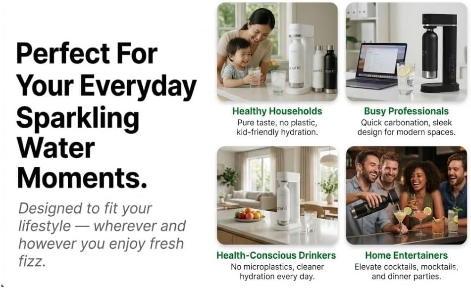 Miniatura 3 de Fizzit Spärklï - Máquina de soda carbonatada con botella de acero inoxidable incluida, apta para lavavajillas (negro espárkli)