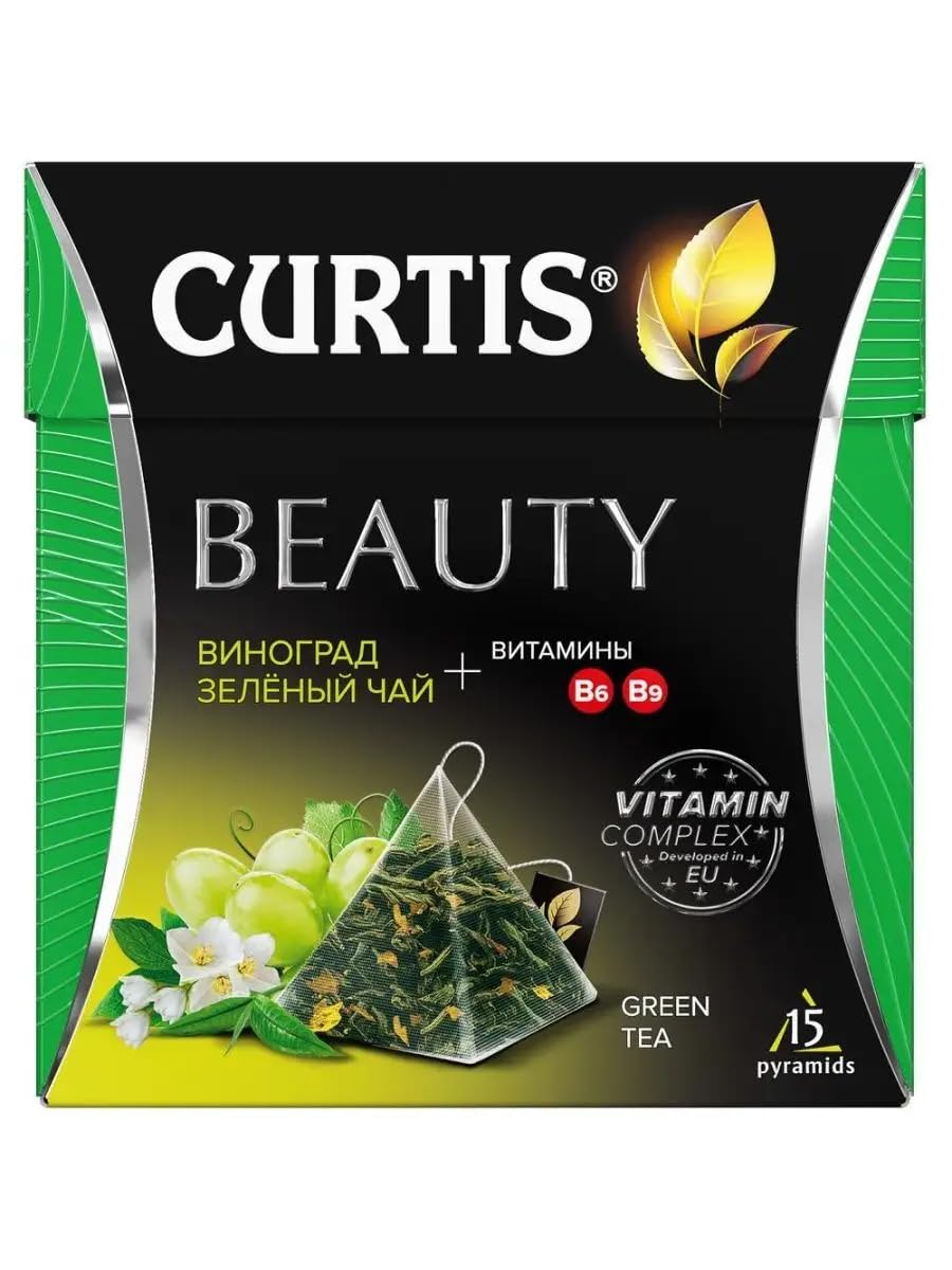 GenericCurtis BEAUTY, Green Ceylon with Grape and Jasmine - Сlassic Collection Black Tea Finely Selected Speciality Tea 15 Pyramid Chamber Teabags With Tags
