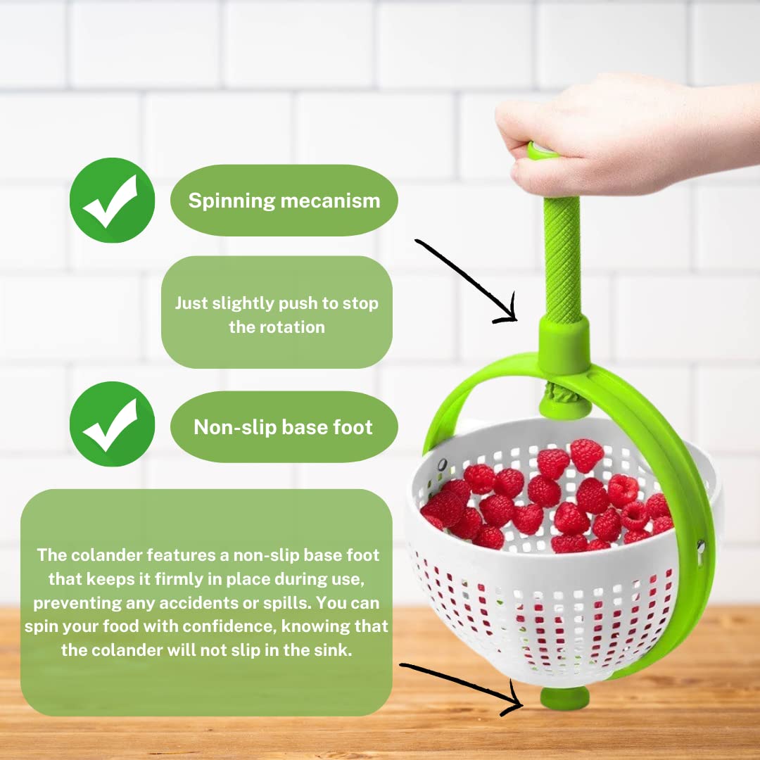 Limitless Housing Spinning Colander for Vegetables Fruits and Pasta With Retractable Handle Quick and Easy to Use Ergonomic Food Strainer - Green and White