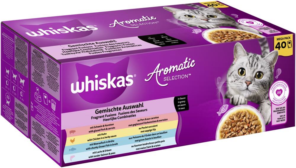 Whiskas Aromatic Selection Multipack Wet Cat Food 1+, 40 x 85g - 4 Flavors: Pork, Chicken, Salmon, Sea Fish in Gravy