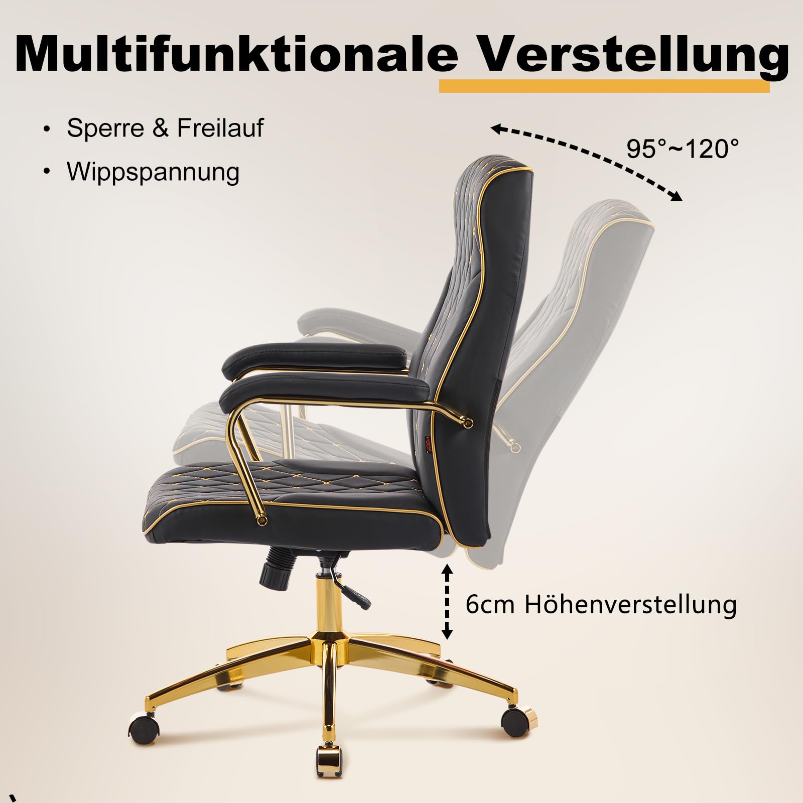 Bürostuhl Ergonomisch, PU Leder Chefsessel, Schreibtischstuhl Computerstuhl Drehstuhl mit Hoher Rückenlehne, Gepolsterter Armlehnen und Höhenverstellbar, Neigefunktion, Schwarz