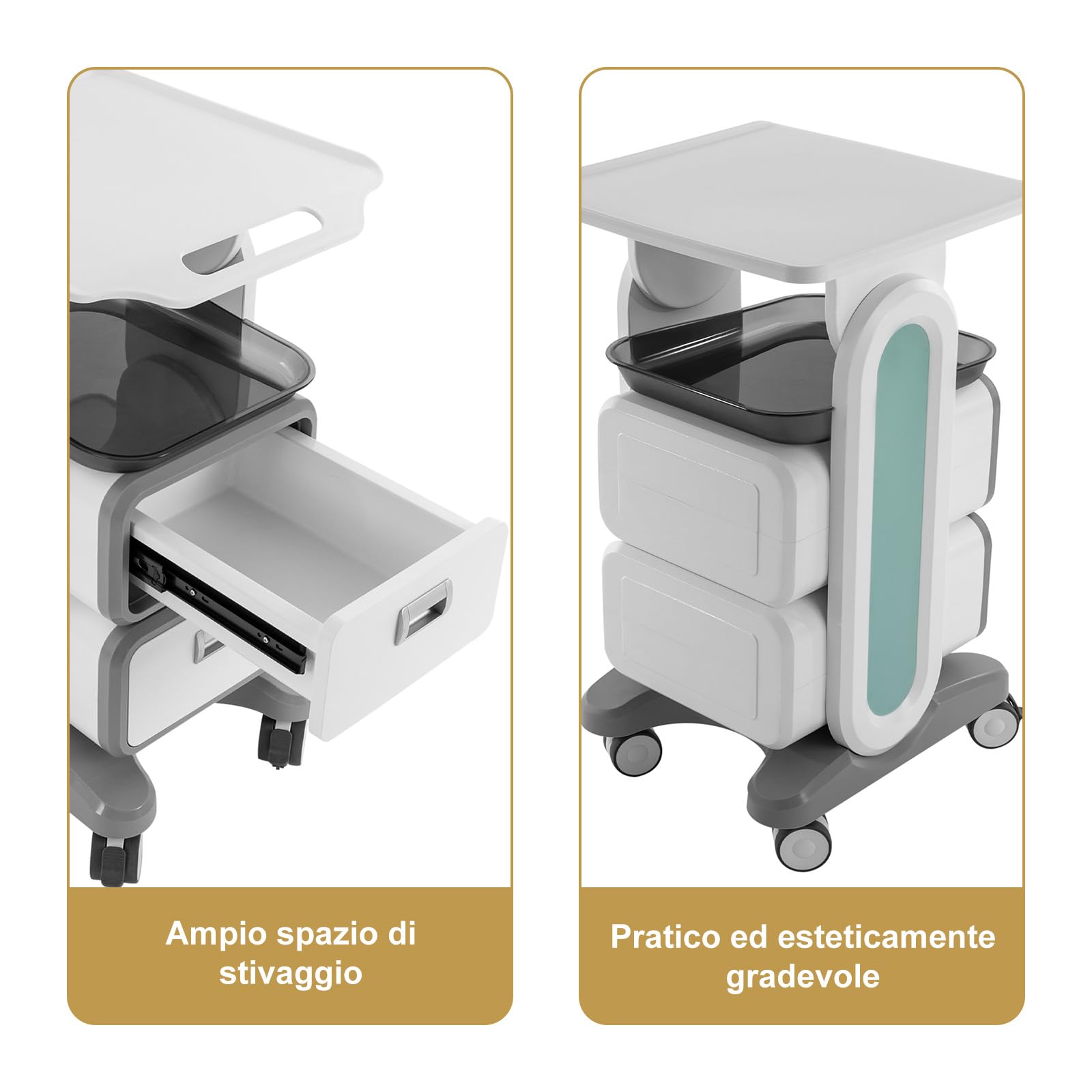 Carrello da Laboratorio 3 Ripiani Medico Mobile ABS 4 Ruote Silenziose Cassetti Vassoio