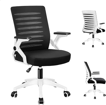 ELFORDSON Mesh Office Chair, Mid-back Swivel Ergonomic Desk Chairs, Height Adjustable Executive Computer Chair with 90  Flip-up Armrest for Home Office, Black & White