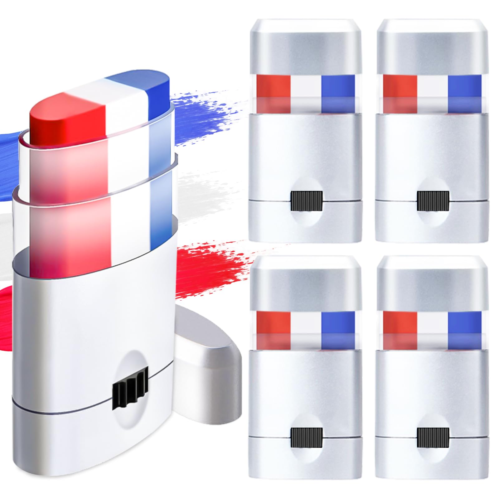 4 Pack Red White Blue Face Paint, USA Flag Color Stripe Stick, Patriotic Face Body Painting for Sports Parties, 4th of July, Parades Accessories, Memory Day, Halloween Cosplay Makeup for Kids Adults