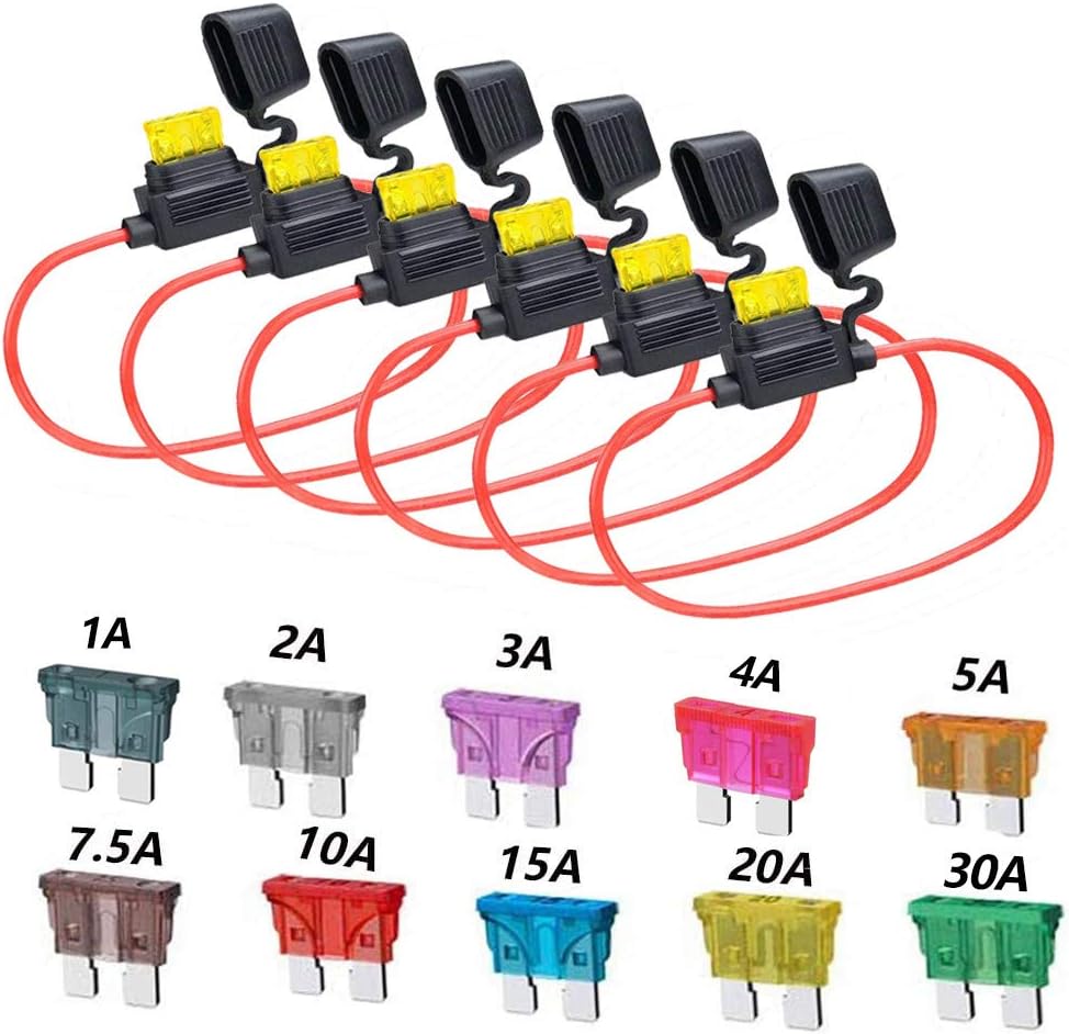12 Gauge in Line Fuse Holder ATC/ATO 6 Pcs Waterproof Inline Automotive Blade Fuse Holder with 55PCS Standard Car Fuses 1A 2A 3A 4A 5A 7.5A 10A 15A 20A 25A 30A Automotive Replacement Fuses