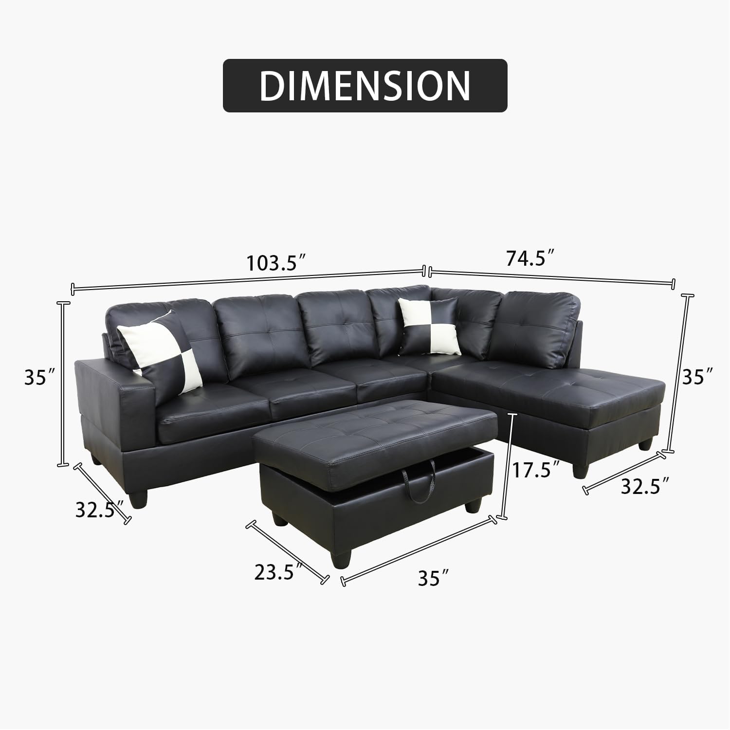 Leather Oversize L-Shape Sectional Sofa Set, 3 Piece Microfiber Couch with Storage Ottoman & Left Chaise Lounge, 103" Button Tufted Upholstered Corner Couch for Home, Living Room, Apartment, Black