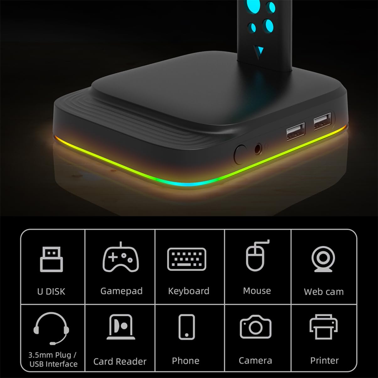 Hemobllo Supporto per Cuffie da Gaming Rgb Hub USB Type-c Nero