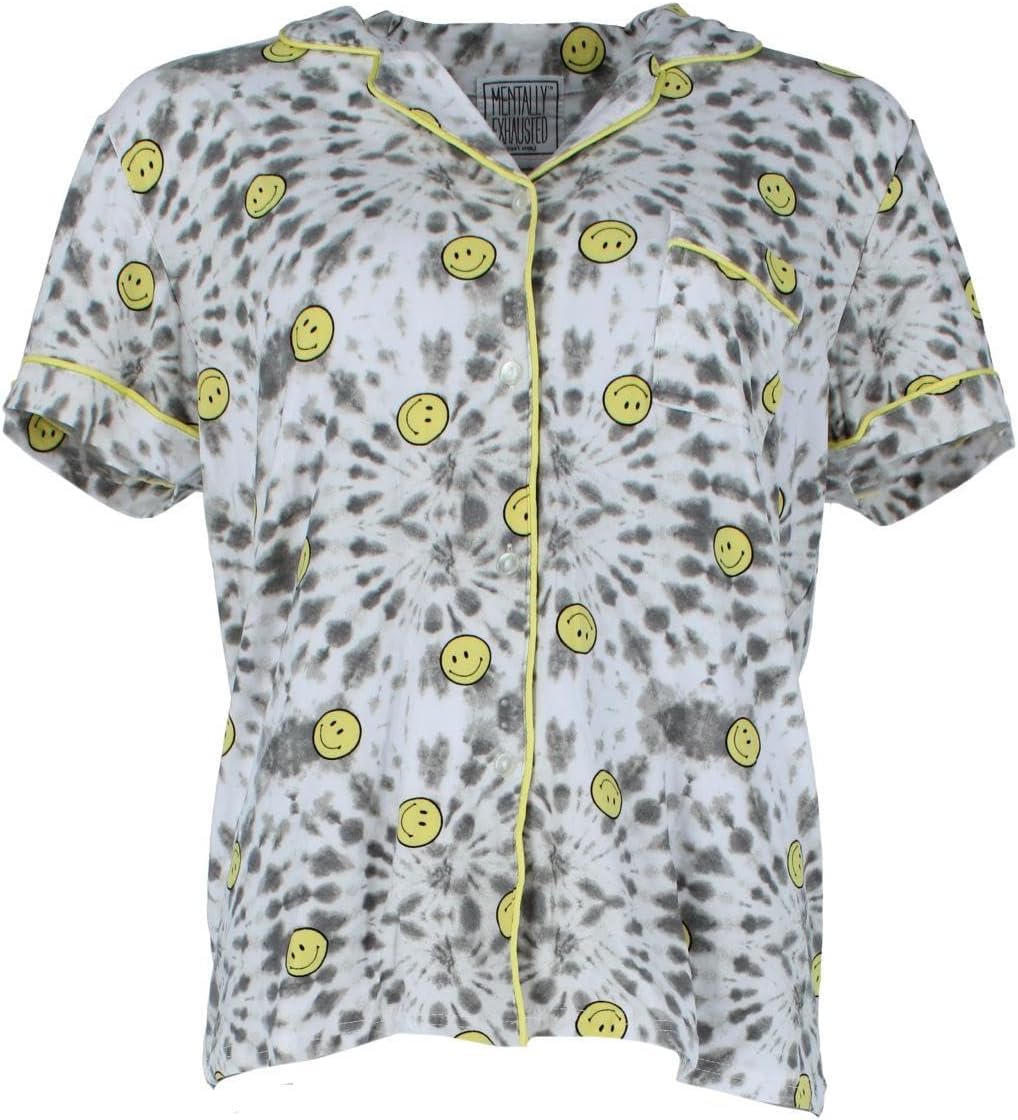 Mentally Exhausted Women's Smile Tie-Dye Notch Collar Short Sleeve and Shorts Set - Image 2