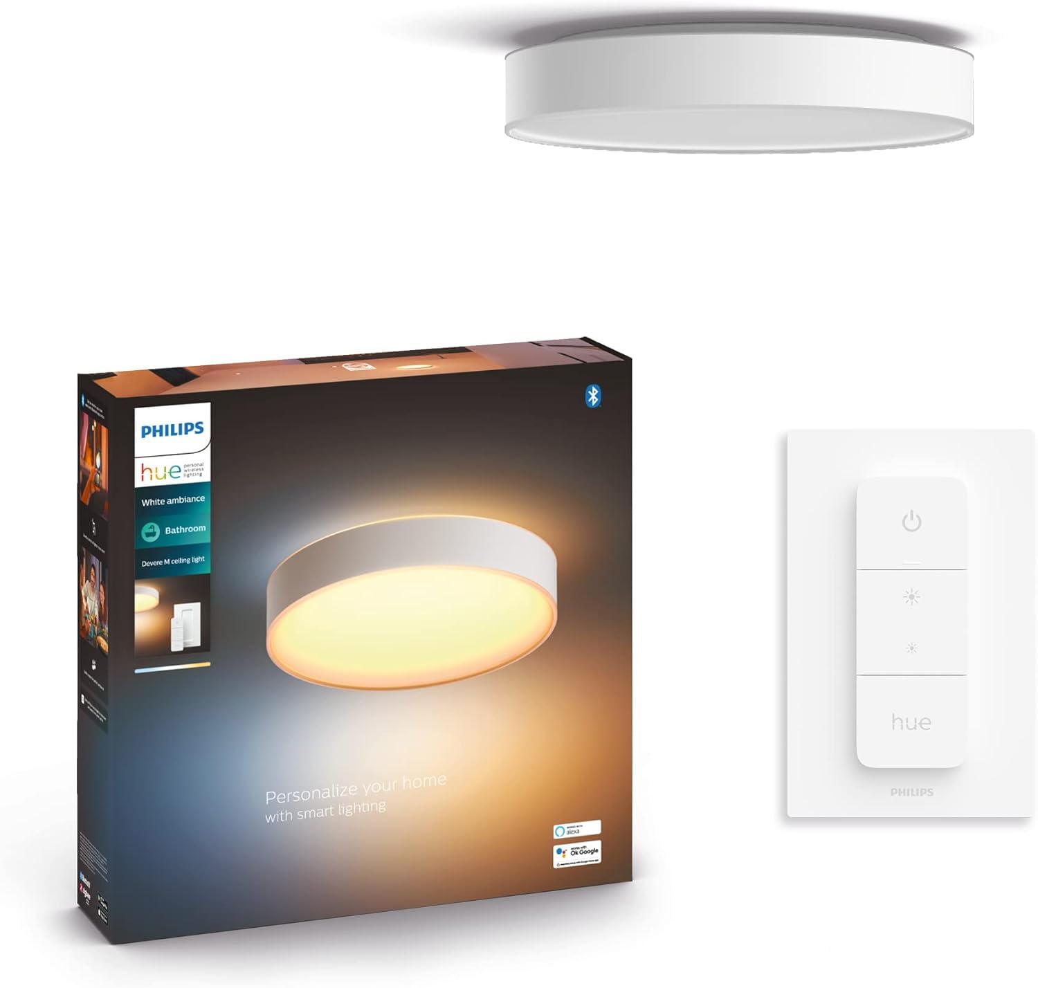 Philips Hue White Ambiance, Plafonnier Devere Medium +Télécommande, Blanc