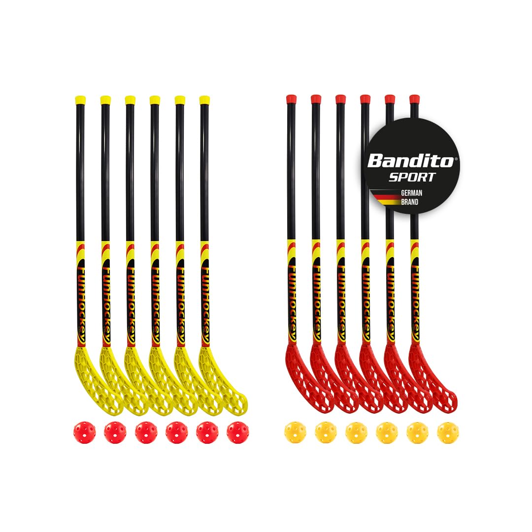 divertimento del Hockey Set Racchette: 12 Sport (6 x rosso e 6 x giallo) e 12 Palle di torneo