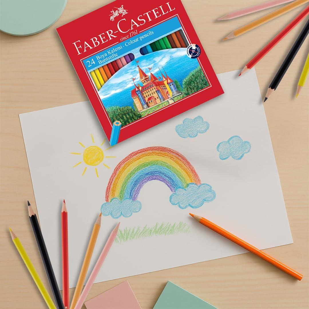 Faber-Castell Karton Kutu Boya Kalemi, 24 Renk, Yumuşak ve Canlı Renkler, Kolay Açılır, Kırılmaya Dayanıklı Uçlar, Uç Kırılmasına Karşı Dayanıklılığı Artıran Özel Yapıştırma Sistemi