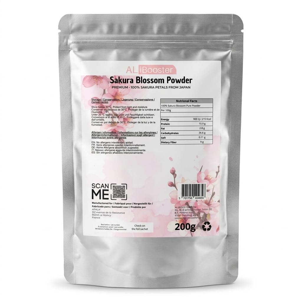 Poudre de Fleurs de Sakura Premium 200 g - Origine Japon - Sakura Blossom 100% Pure - Poudre de Pétales - Pâtisserie, Desserts, Boissons, Bubble Tea & Cuisine Japonaise