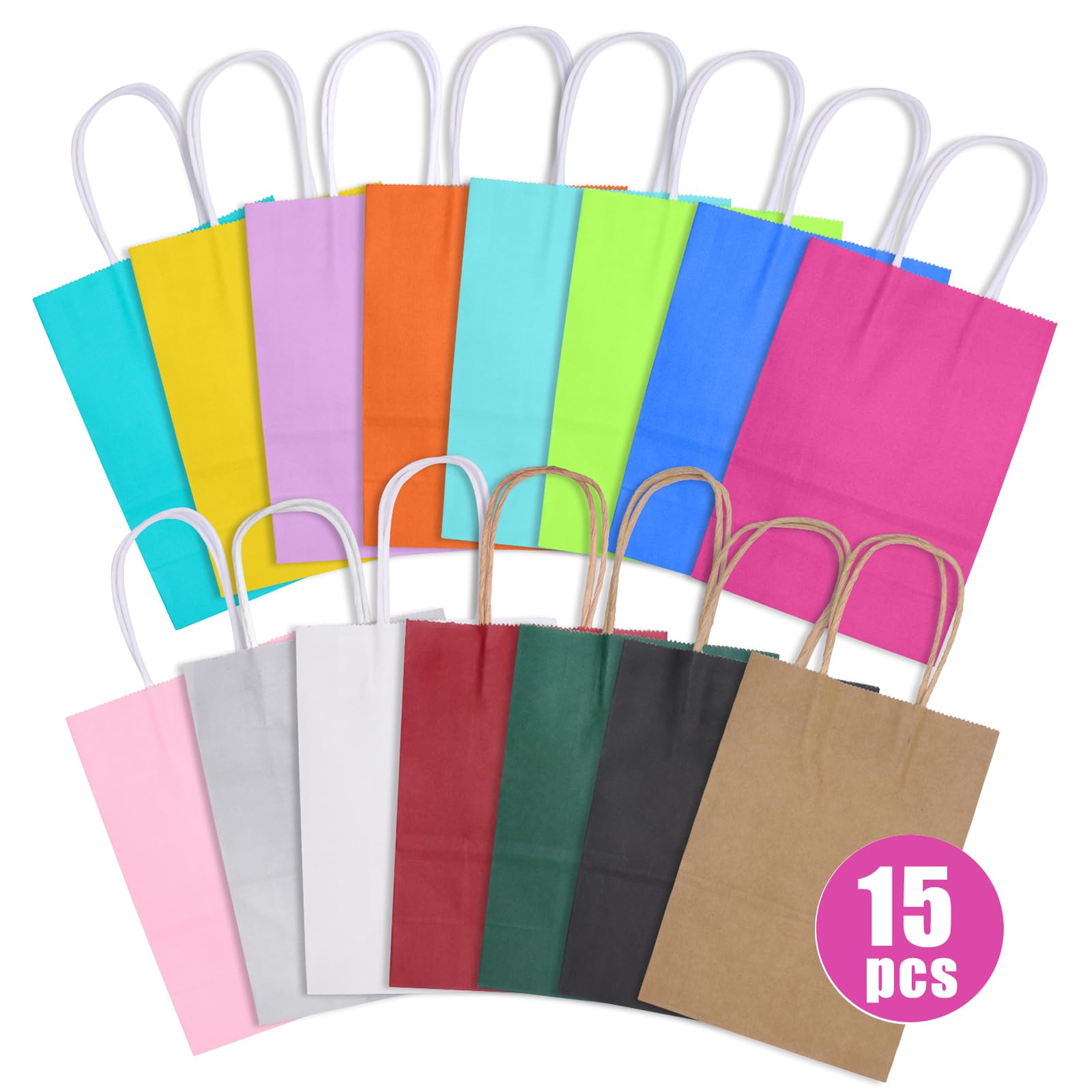 rokrist 15 Bolsas de Papel Kraft Coloridas con Asas, Pequeñas Bolsas de Regalo, para Fiestas Navideñas, Bodas, Cumpleaños, Celebraciones, Dulces, Manualidades (21x15x8cm)