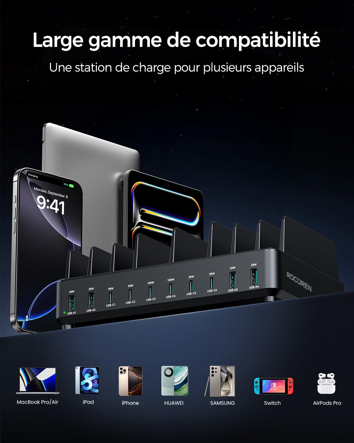 Station de Charge Multi-appareils Rocoren 400W, PD100W Station de Charge USB-C GaN 10 Ports, Chargeur de Bureau avec Charge Rapide, Compatible avec MacBook Pro/Air, iPh0ne et Galaxy