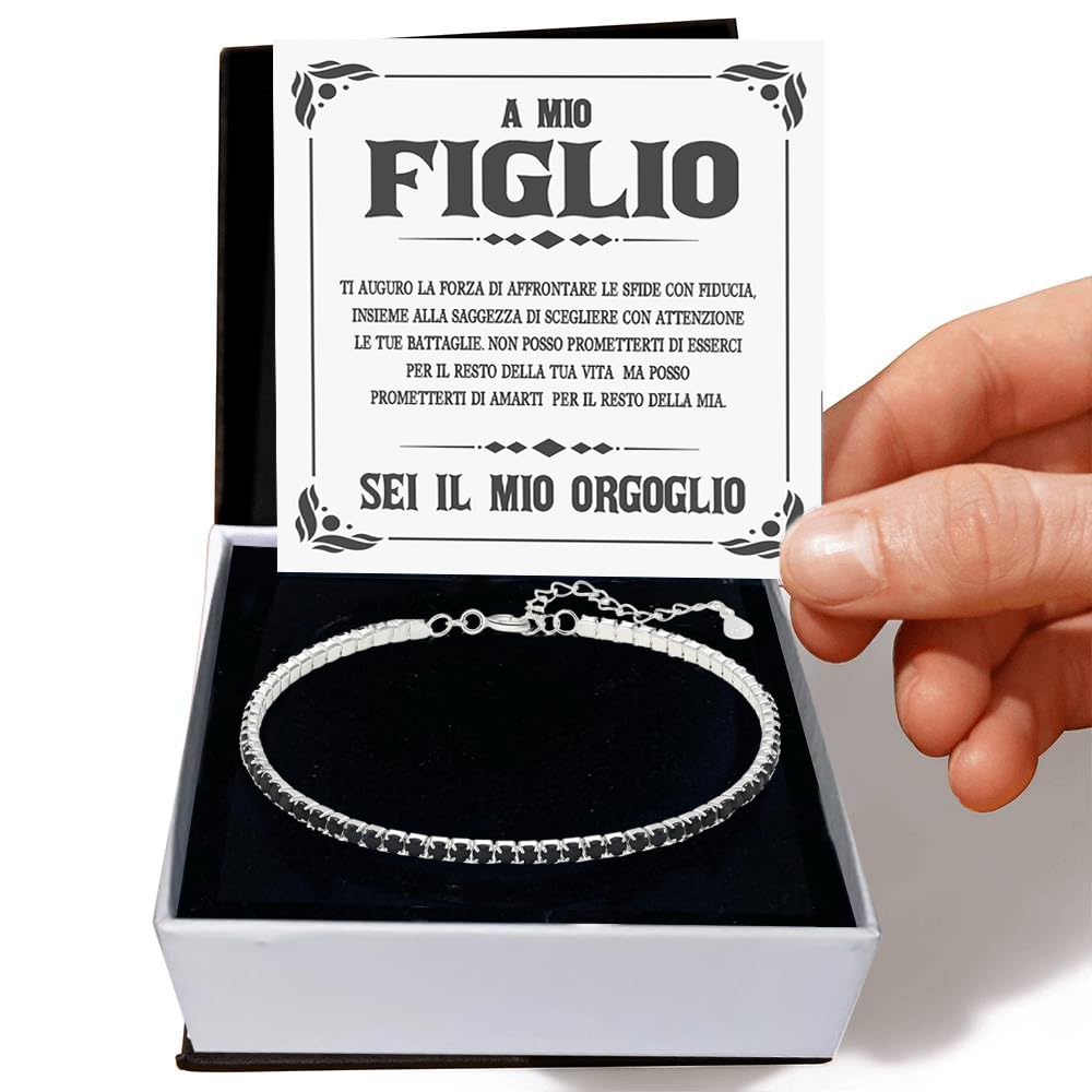 Bracciale Figlio Tennis Uomo con Pietre di Zirconia Cubica Idea regalo Compleanno per lui Finitura in Oro Bianco Argento 925 Natale figli - Cofanetto con DEDICA incluso