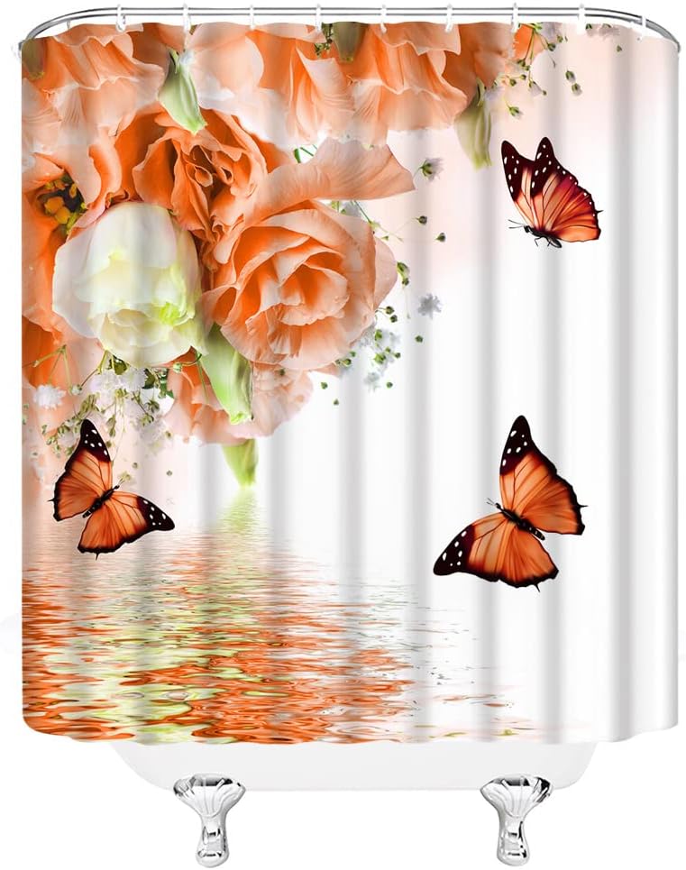 Flower Butterfly Shower Curtain Orange Butterfly Floral Spring Rustic Garden Nature Dream Fantasy Water Ripple Floral Lake Spa Fabric Bathroom Decor Curtain with Hooks