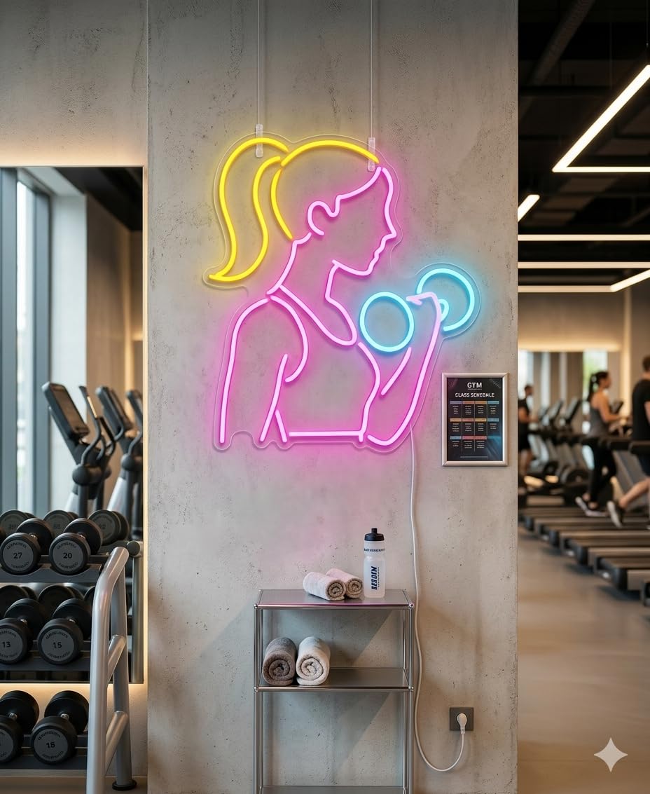 Letrero GYM MUJER WOMAN PESAS Cartel Luminoso LED Escaparate, Decoración de Pared en Metacrilato, Luz Brillante, aproximadamente 60cm alimentación 12v