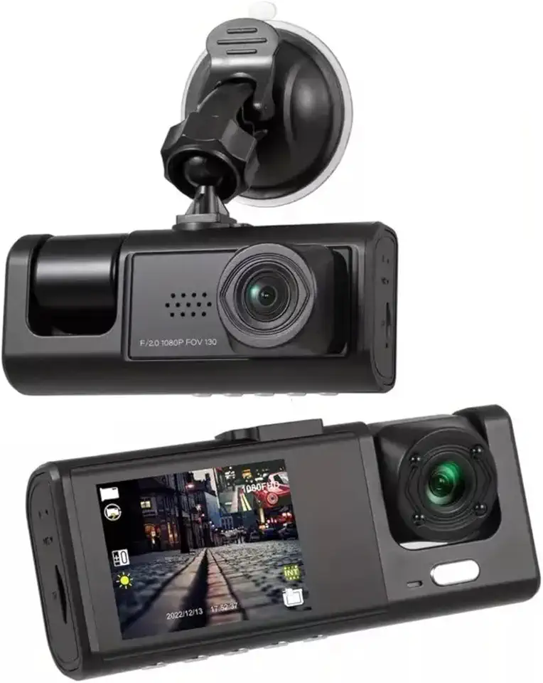 Câmera Veicular 3 Lentes Full HD 1080p com Visão Noturna – Dashcam Frontal, Interna e Traseira, Tela LCD 4” e Detecção de Movimento