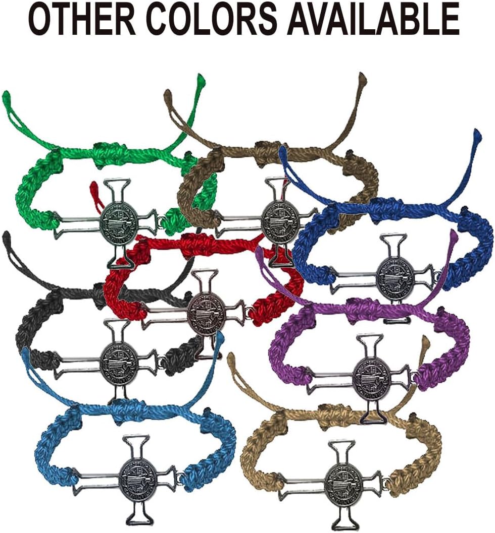 SAINT BENEDICT CROSS CRUCIFIX CHARM ADJUSTABLE BRACELET SILVER PLATED MULTI COLORS AVAILABLE BLACK RED BLUE GREEN BROWN EXORCIST PROTECTION AGAINST EVIL, EVIL EYE BAD ENERGY CURSES ONE SIZE FITS MOST.