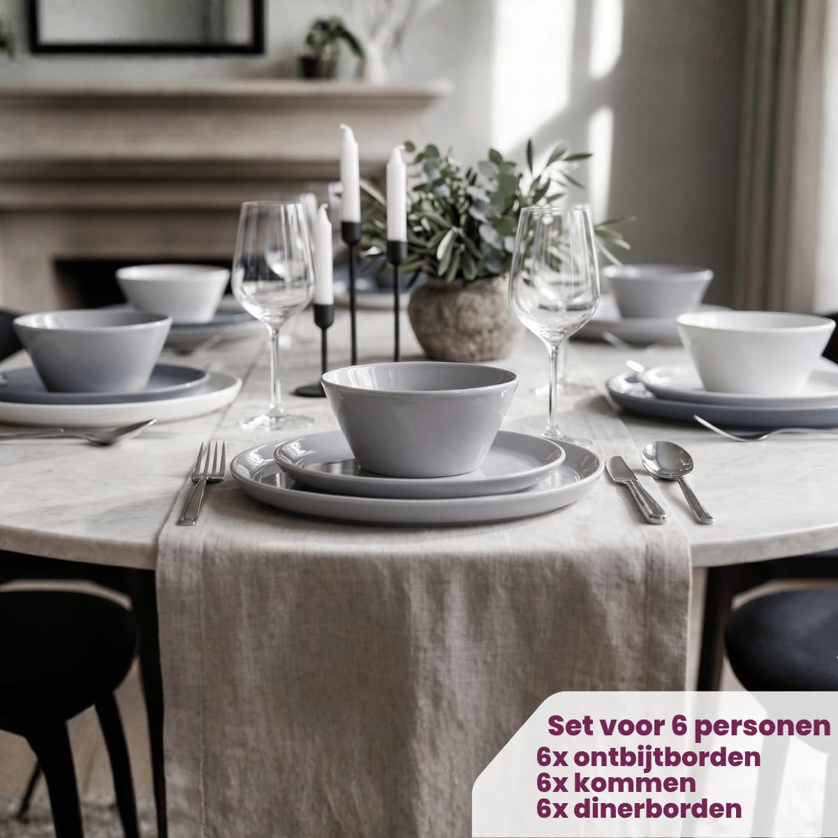 Cookinglife Serviesset Siaki - Wit/Blauw/Grijs - Porselein 18-delig / 6 personen - 6 dinerborden, 6 koszulek i 6 komentarzy