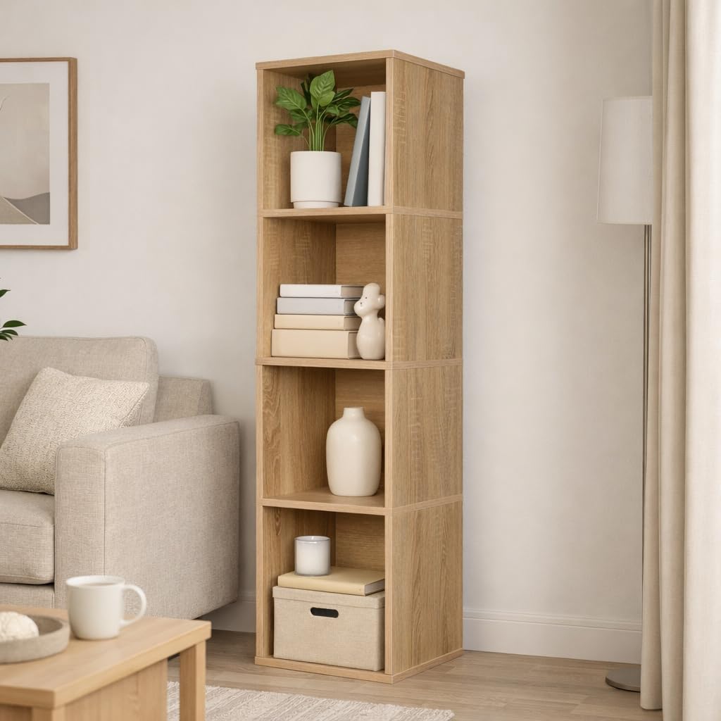 4 Cube Storage Organizer Wooden Bookshelf, 4 Cube Shelf Bookcase, Small Bookshelf Storage Organizer, 4 Cube Storage Shelf for Bedroom, Small Bookshelf for Living Room and Office (Natural)
