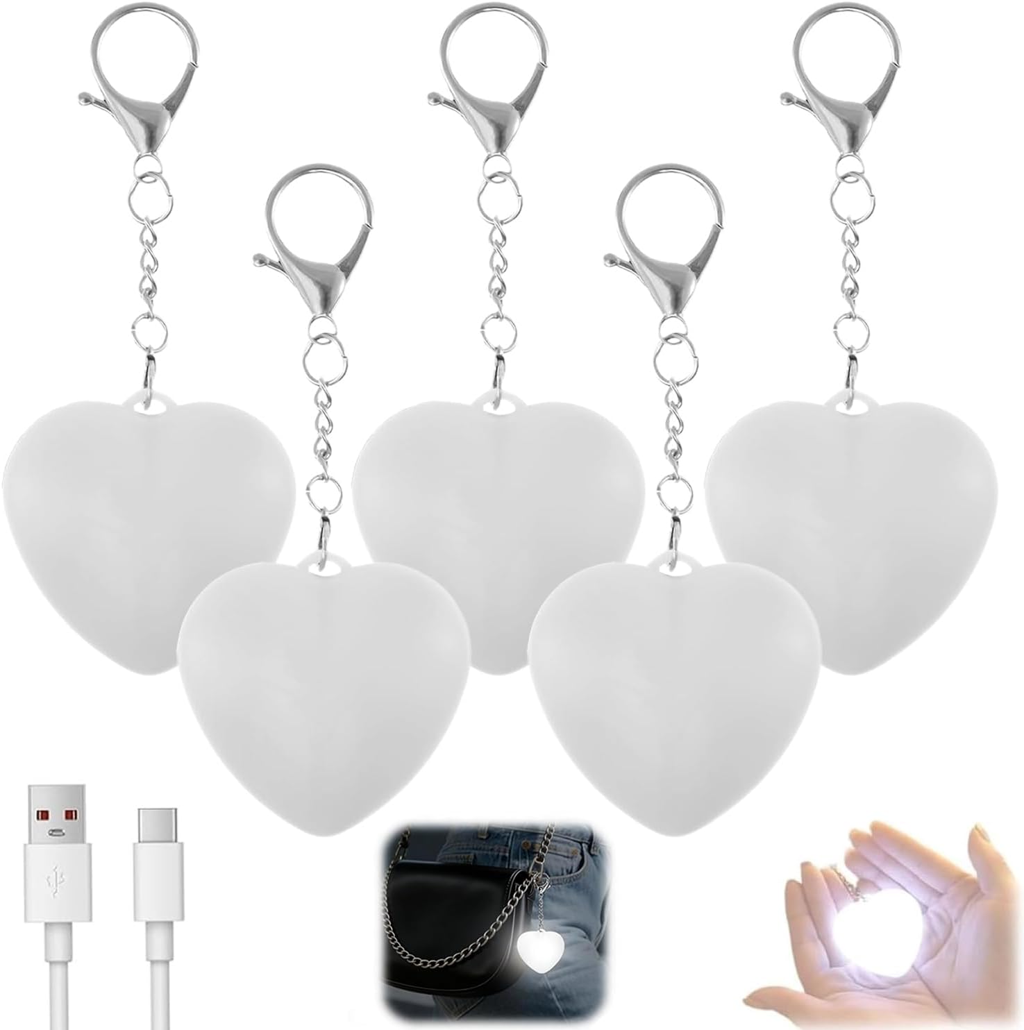 5 Pcs LED Heart Purse Light, Touch Sensor Handbag Light with Rechargeable Battery, Keychain Flashlight for Inside Bag, Birthday Gift for Women Girls