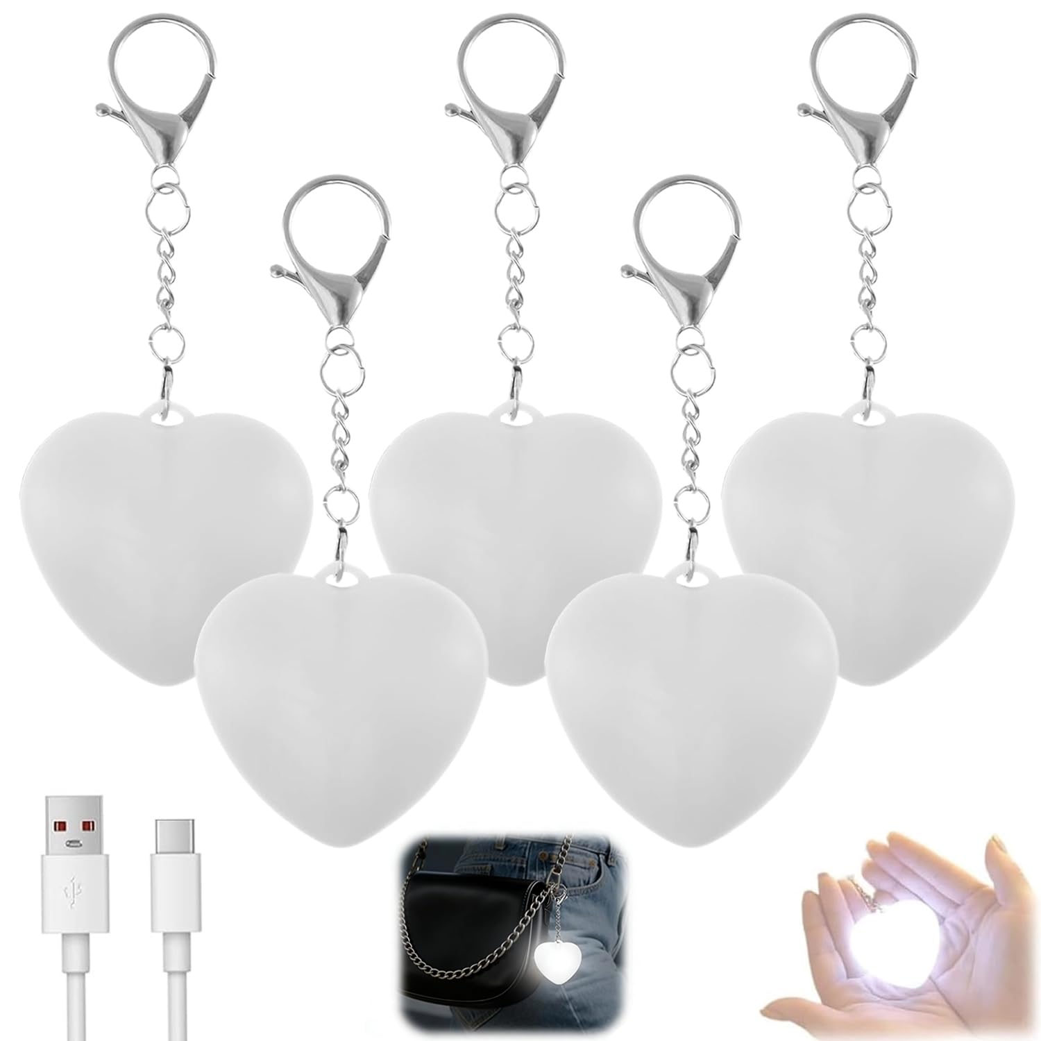 JUNHAO-SHOP 5 Pcs LED Heart Purse Light, Touch Sensor Handbag Light with Rechargeable Battery, Keychain Flashlight for Inside Bag, Birthday Gift for Women Girls