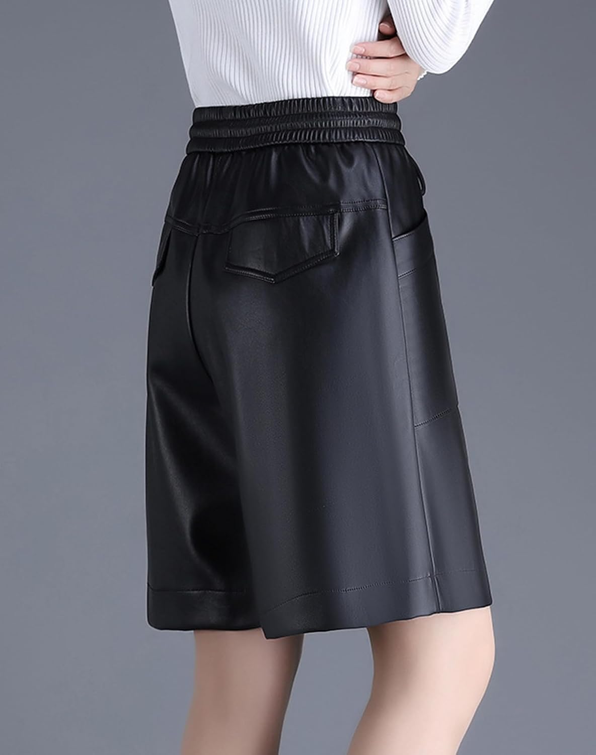 Women's Faux Leather Shorts Wide Leg Elastic High Waist Bermuda Shorts