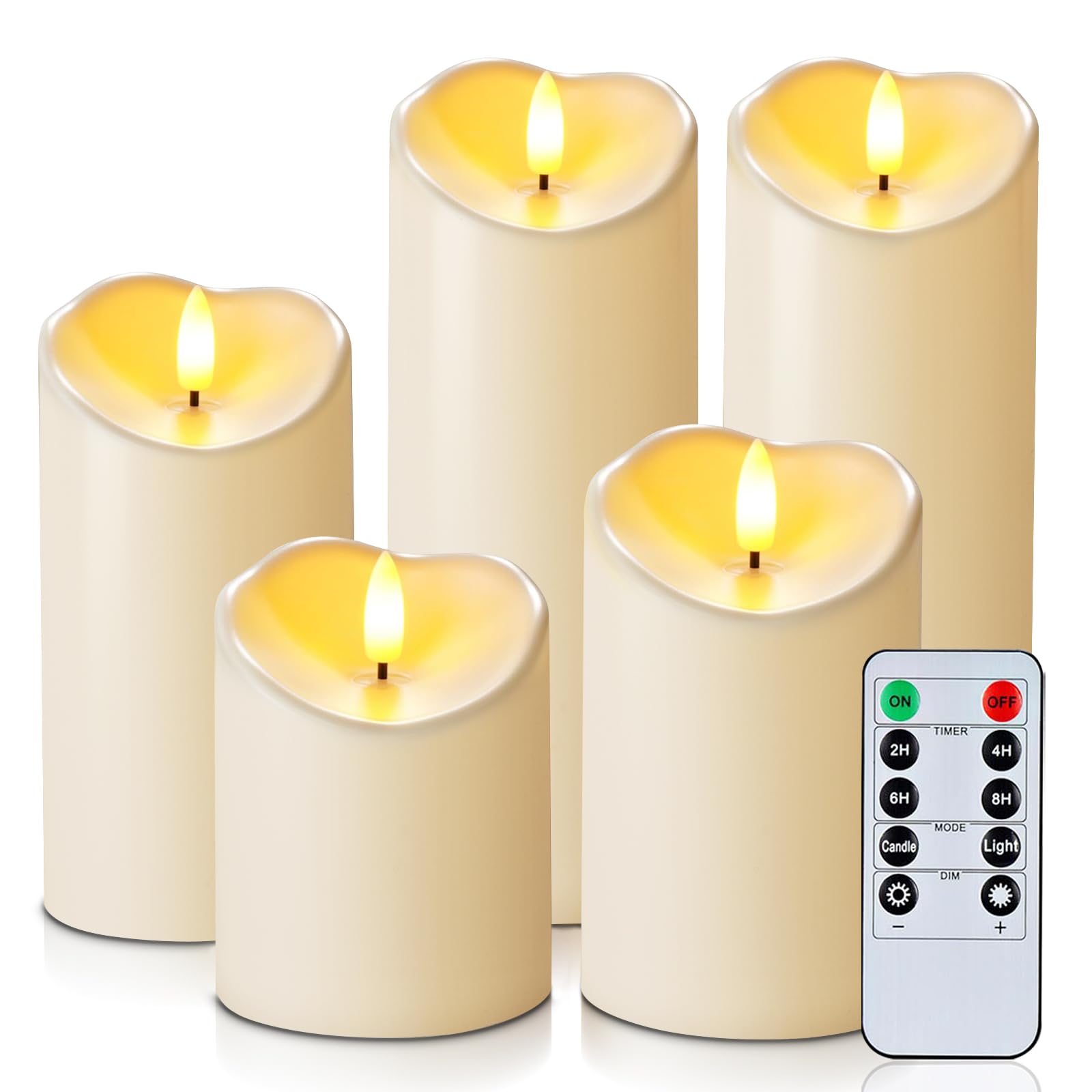 Homemory Outdoor Waterproof Flameless Candles, LED Candles, Battery Operated Candles with Remote and Timers, Electric Fake Plastic Pillar Candles, Dark Ivory, D3 H4 5" 6" 8" 8", Set of 5