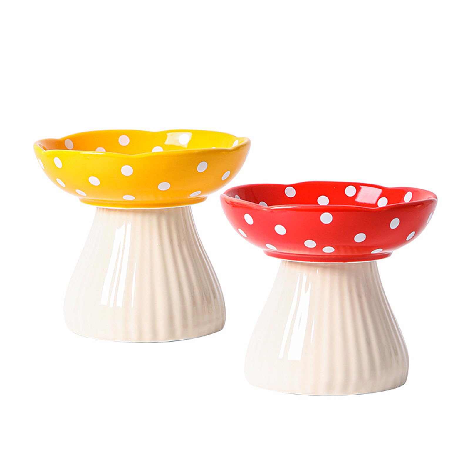 Liemuao 2 Pièces Gamelle Chat Surélevée, 300ml Gamelle Céramique en Forme de Champignons, Inclinable à 15° Bol pour Chat Anti-Vomissements Bol pour Animaux de Compagnie (Jaune+Rouge)