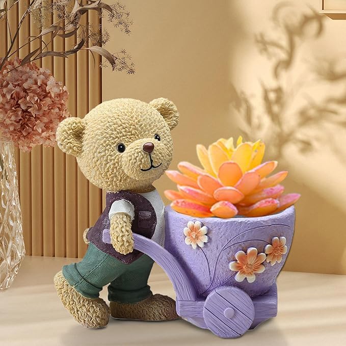 Image of Cute Bear Succulent Planter with Floral Cart - Resin Mini Pot for Desk, Home or Kids Room Decor - Decorative Animal Plant Holder | No Plants or Floral Included (Purple)