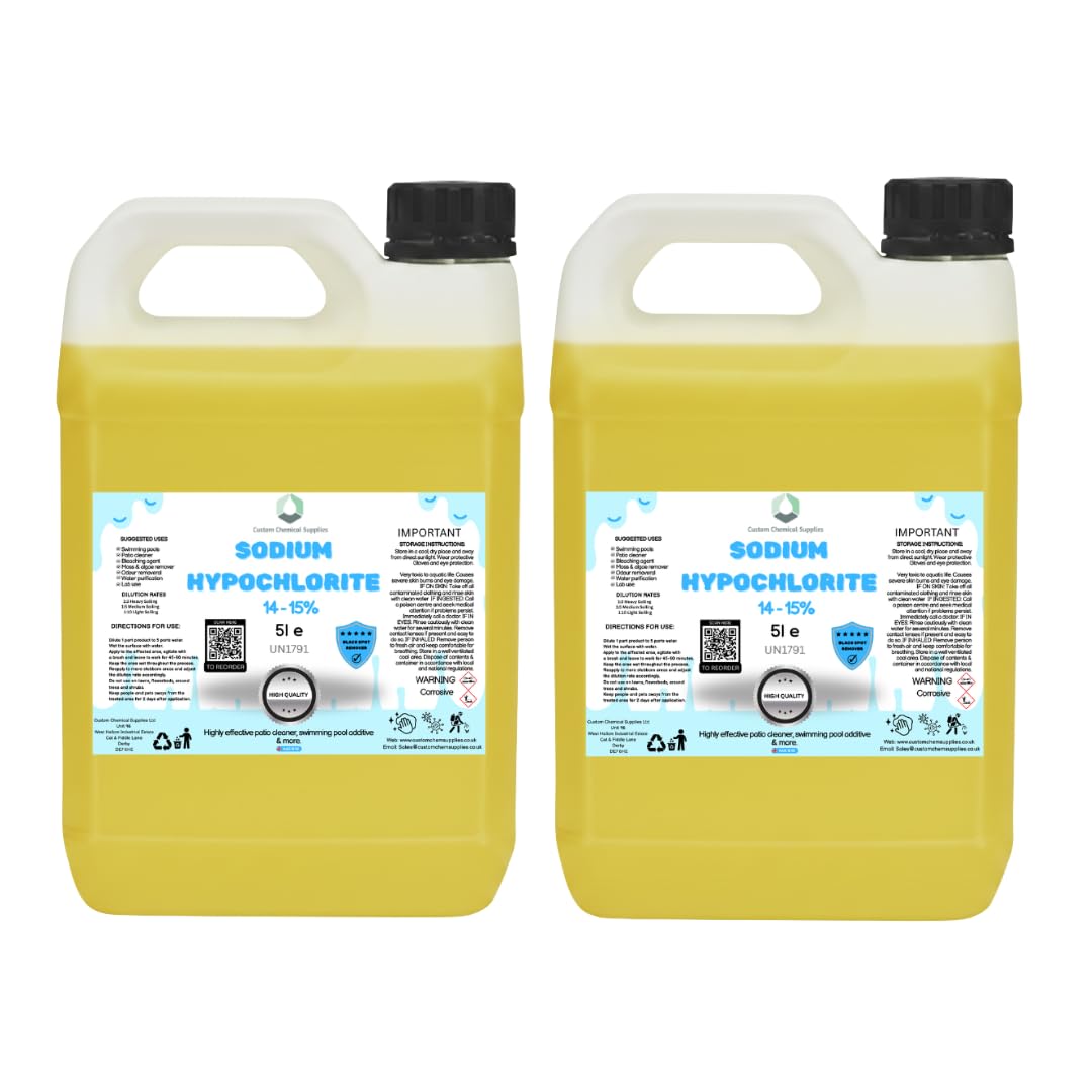 Sodium Hypochlorite Sodium Hypochlorite 10L (2X5L) - High Strength (14-15%) Brick, Driveway & Patio Cleaner - | Bleaching Agent | Odour Removal | Black Spot Removal & More