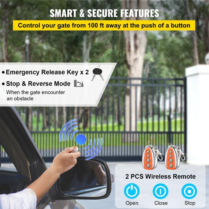Two wireless remote controls and two emergency release keys for the gate opener.