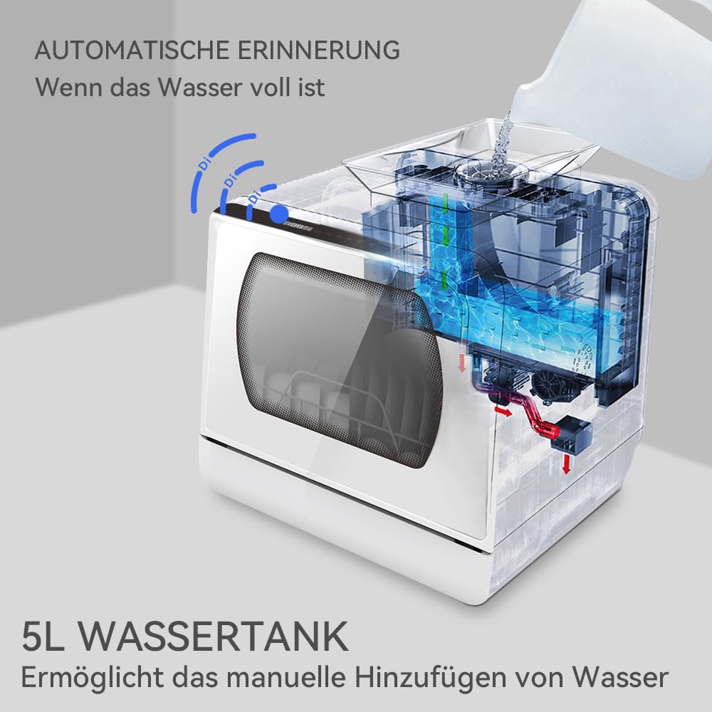 Hermitlux Mini Geschirrspüler, 4 Bestecksätze, 5 Liter Wassertank, 6 Programme, Tischgeschirrspüler, Weiß