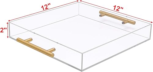 Miniatura 2 de Bandeja de servir de acrílico transparente de 12 x 12 pulgadas con mango dorado, bandeja cuadrada transparente de plástico para servir alimentos