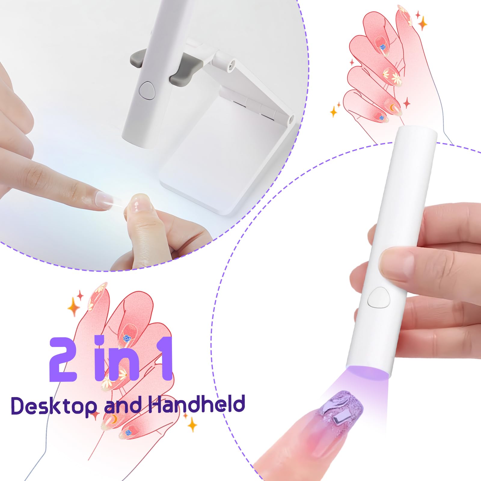 Mini Lampada UV LED Unghie, Lampada Gel Unghie Portatile con Supporto, USB Ricaricabile e Senza Fili, 2 Timer 20/60s, Fornetto per Unghie Semipermanente Asciugatura Rapida