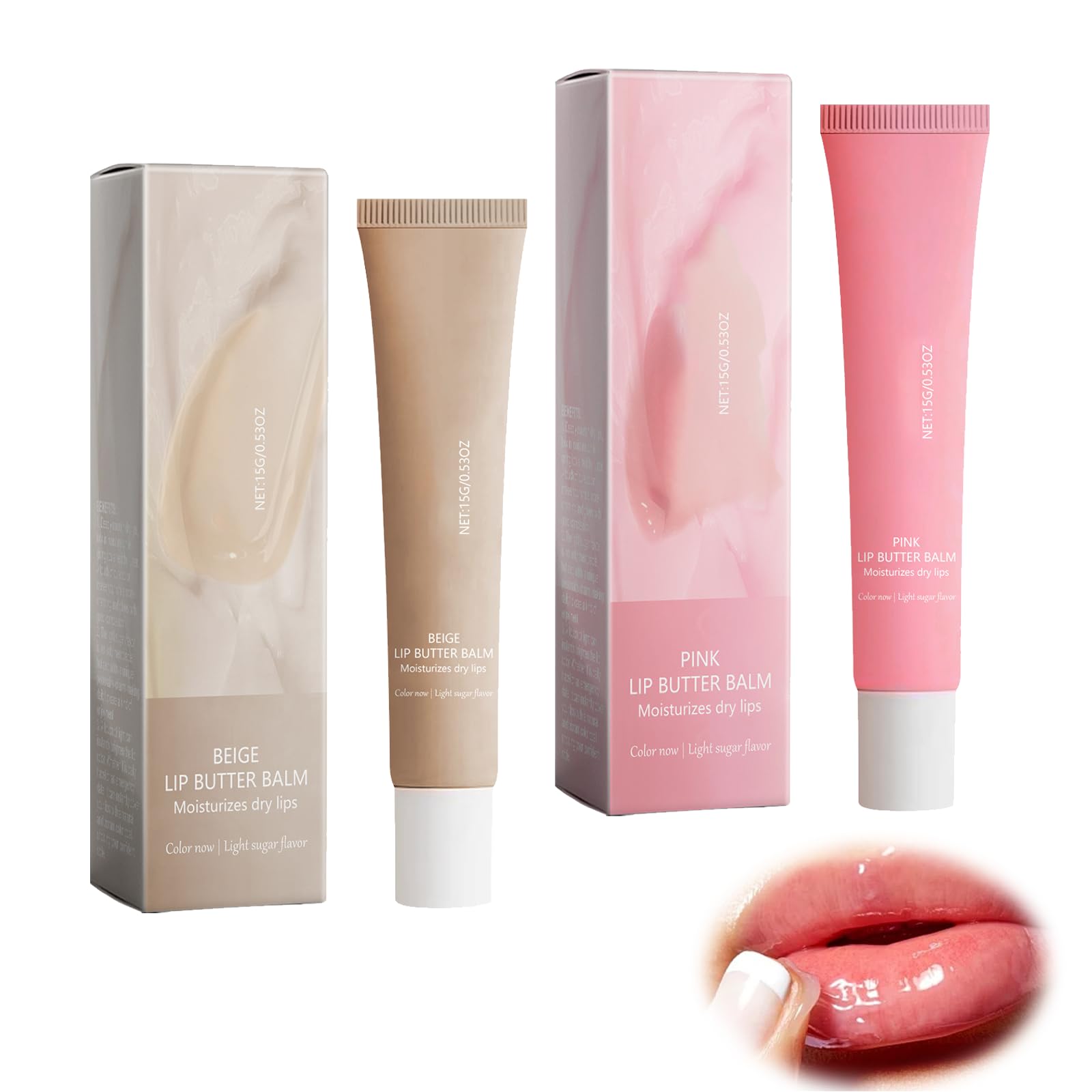 2 PCS Lip Butter Balm, Sheer Instant Moisture Hydration Soothe Dry Lips, Pink + Khaki