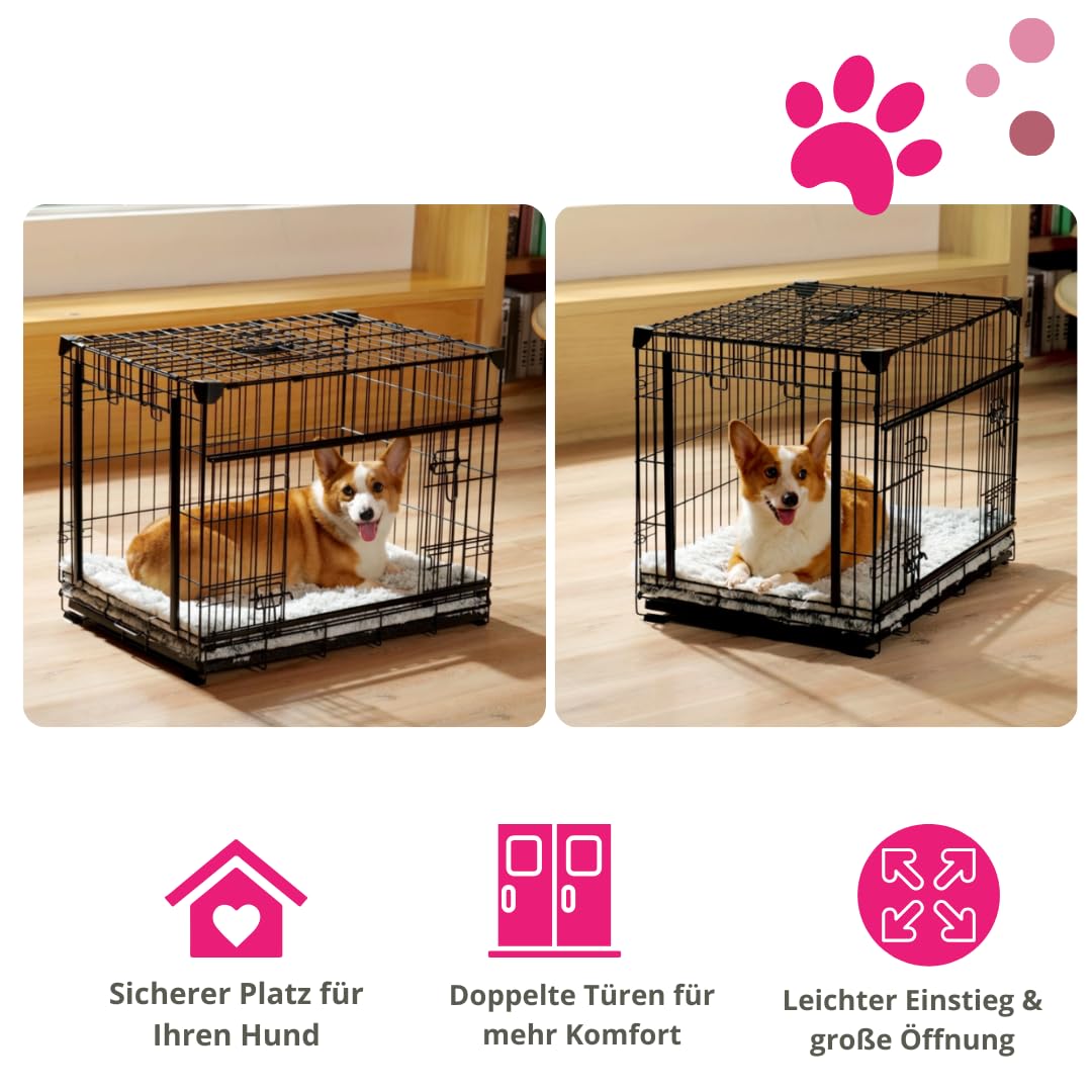 Hundebox 91x61x69 cm mit Schiebetür – Faltbarer Metall Hundekäfig, platzsparende Transportbox mit Bodenwanne, 2 Türen, für mittelgroße und große Hunde