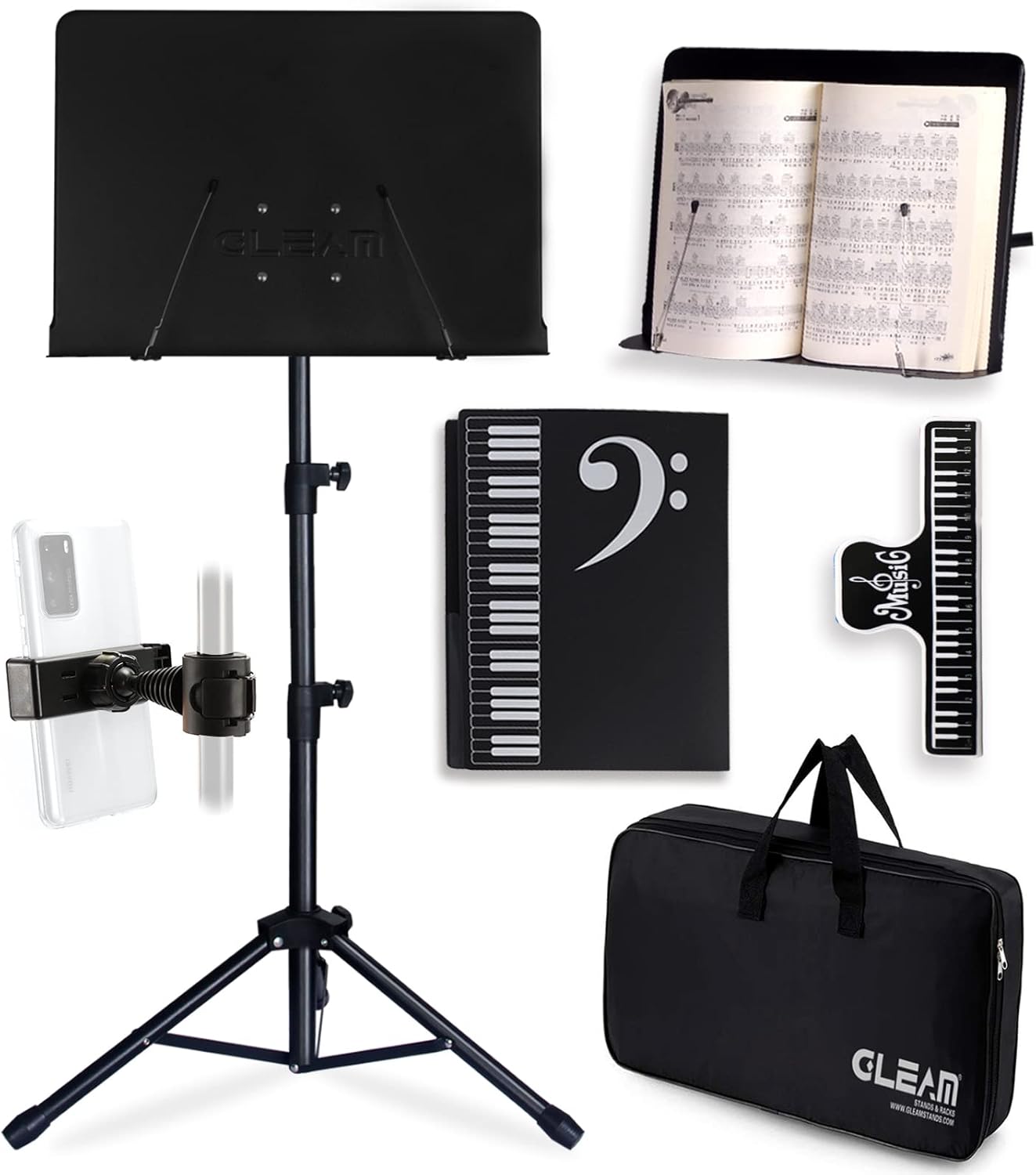 gleam sheet music stand - full metal with carrying bag, phone holder, sheet music folder and clip, 5 in 1 desktop book stand - black