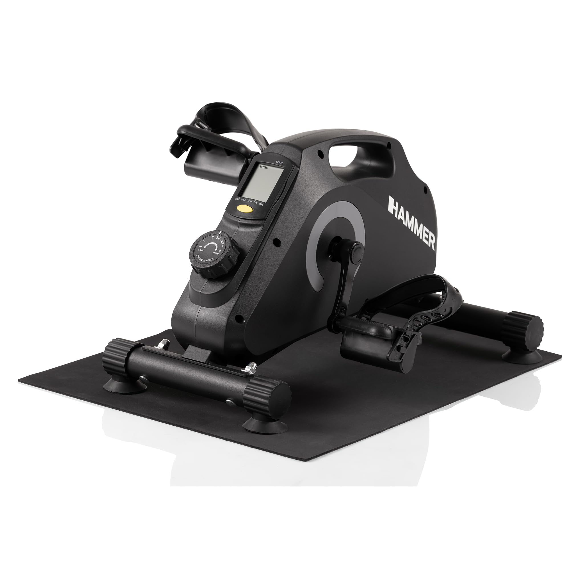 HAMMER Pedaltrainer für Zuhause Magnet - leiser Mini Heimtrainer mit Display, 8 Widerstandsstufen, inkl. Anti-Rutsch-Matte, Sicherheitsgurt, Beintrainer im Sitzen für Büro, Homeoffice und Senioren