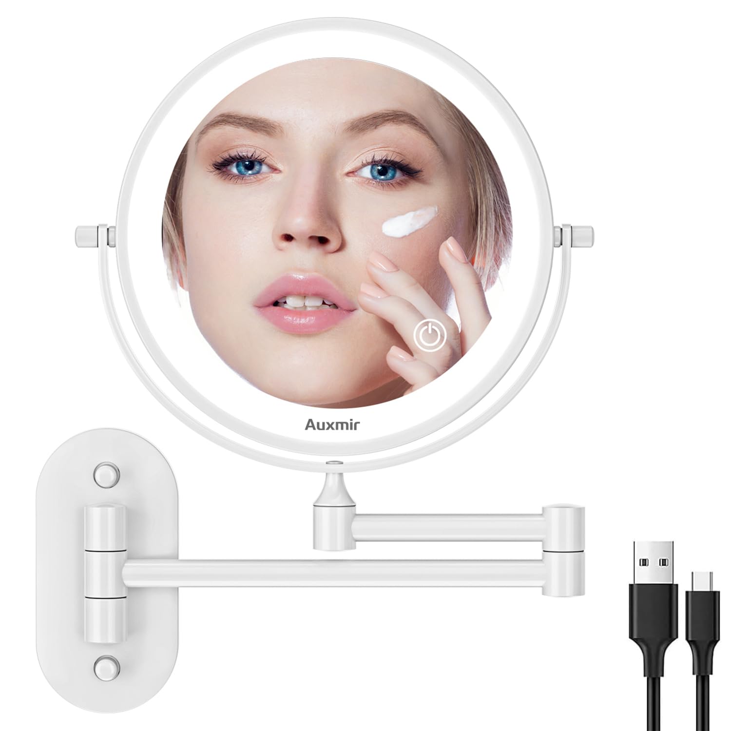 Auxmir Espejo Maquillaje con Luz Pared, Recargable 1X/10X Aumento Doble Cara Giratorio 360, Espejo Baño Extensible Táctil con USB, 3 Colores Brillo Regulable, para Hotel SPA, Blanco