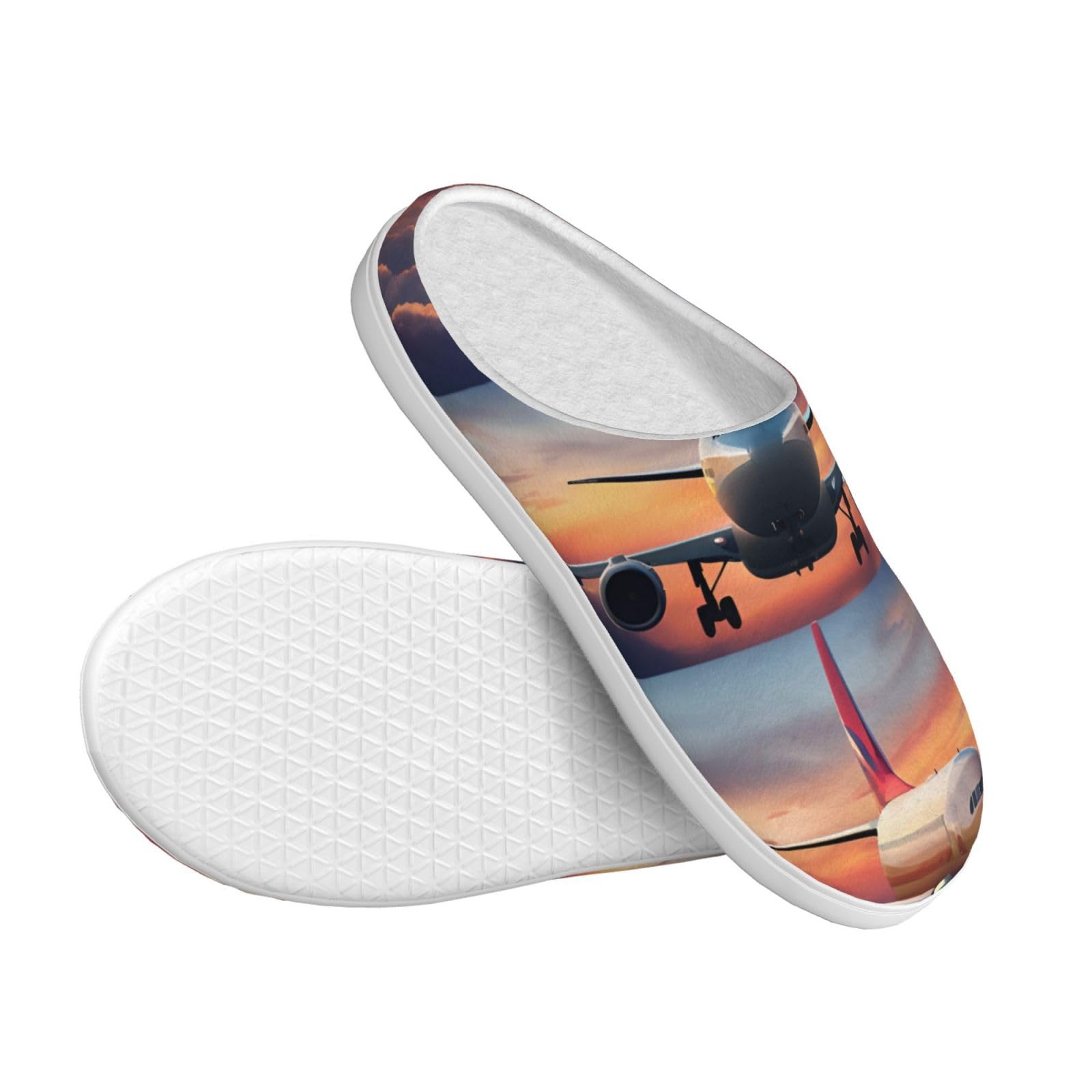 Hausschuhe für Erwachsene, Motiv: Flugzeug, Sonnenuntergang, Himmel, waschbar, für Damen und Herren, atmungsaktiv und gemütlich, Winterschuhe