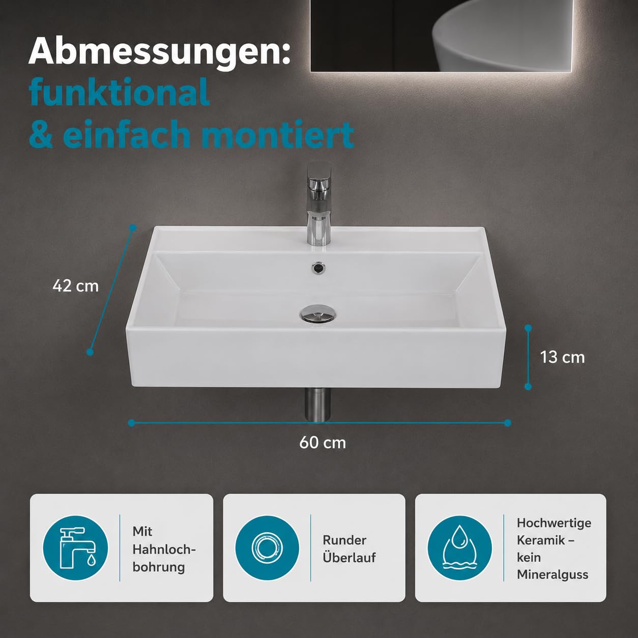 Aqua Bagno Ceramiczna umywalka 60 cm – prostokątna umywalka wisząca lub umywalka nablatowa z otworem na kran, głębokość 42 cm, montaż na ścianie, WC dla gości, biała