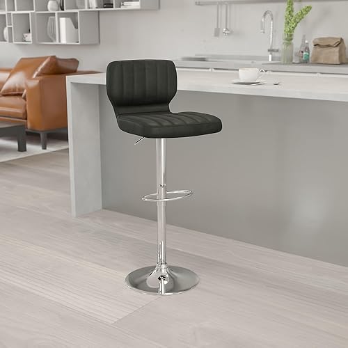 Miniatura 2 de Flash Furniture Samantha - Juego de 2 taburetes de bar contemporáneos de vinilo negro de altura ajustable con respaldo vertical y base cromada